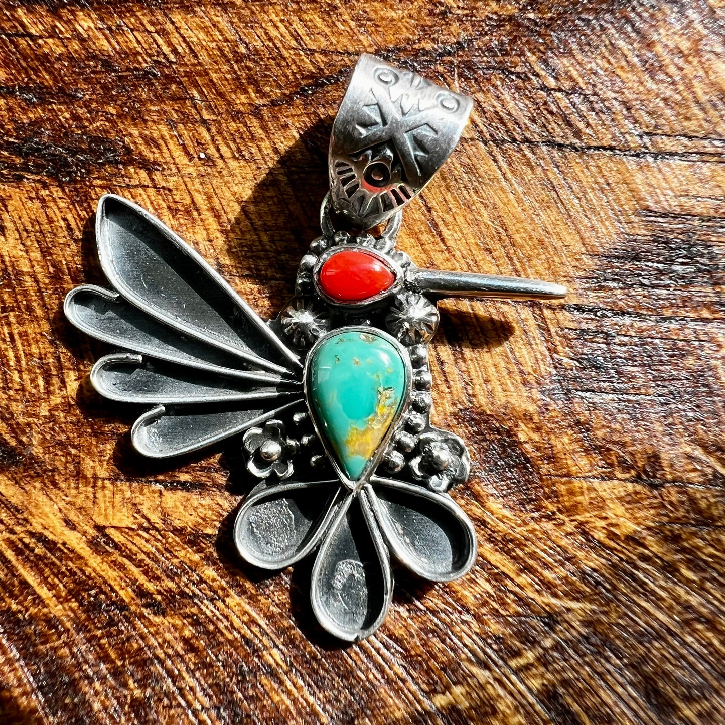Kingman Turquoise & Italian Red Coral Hummingbird Pendant