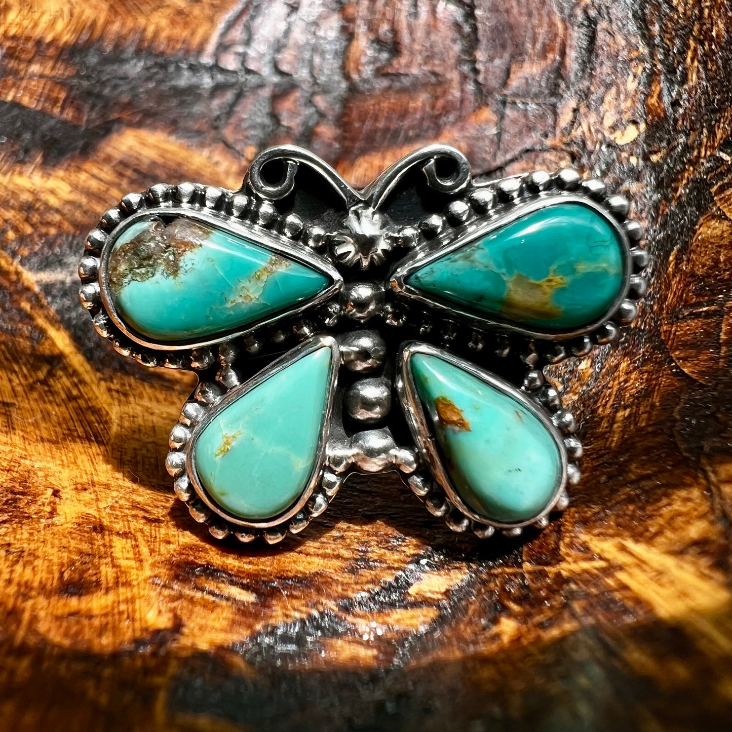 Kingman Turquoise Butterfly Sterling Silver Ring – Size 9