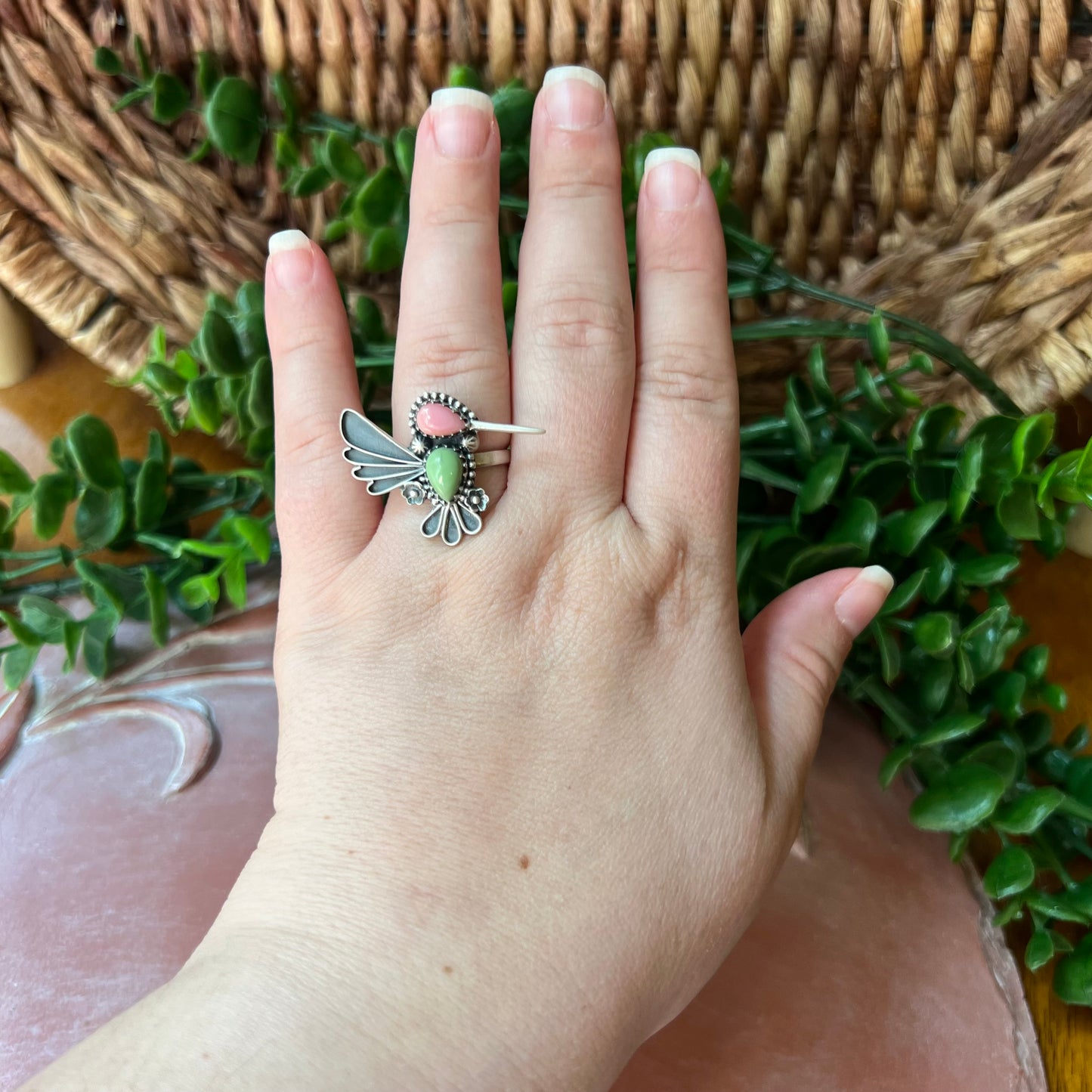 Sterling Silver Green Turquoise Queen Conch Hummingbird Ring Adjustable 8