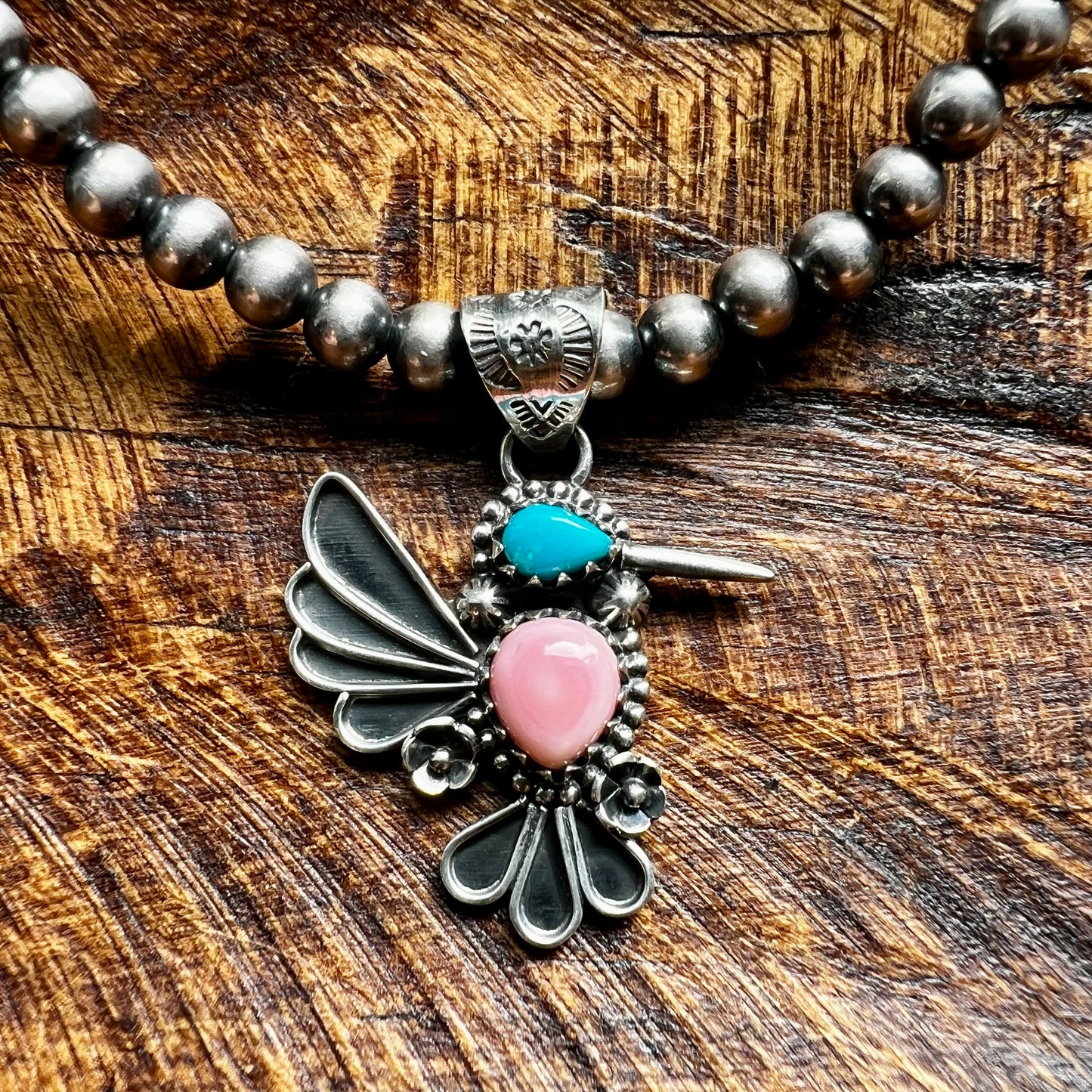Pink Conch & Kingman Turquoise Hummingbird Sterling Silver Pendant