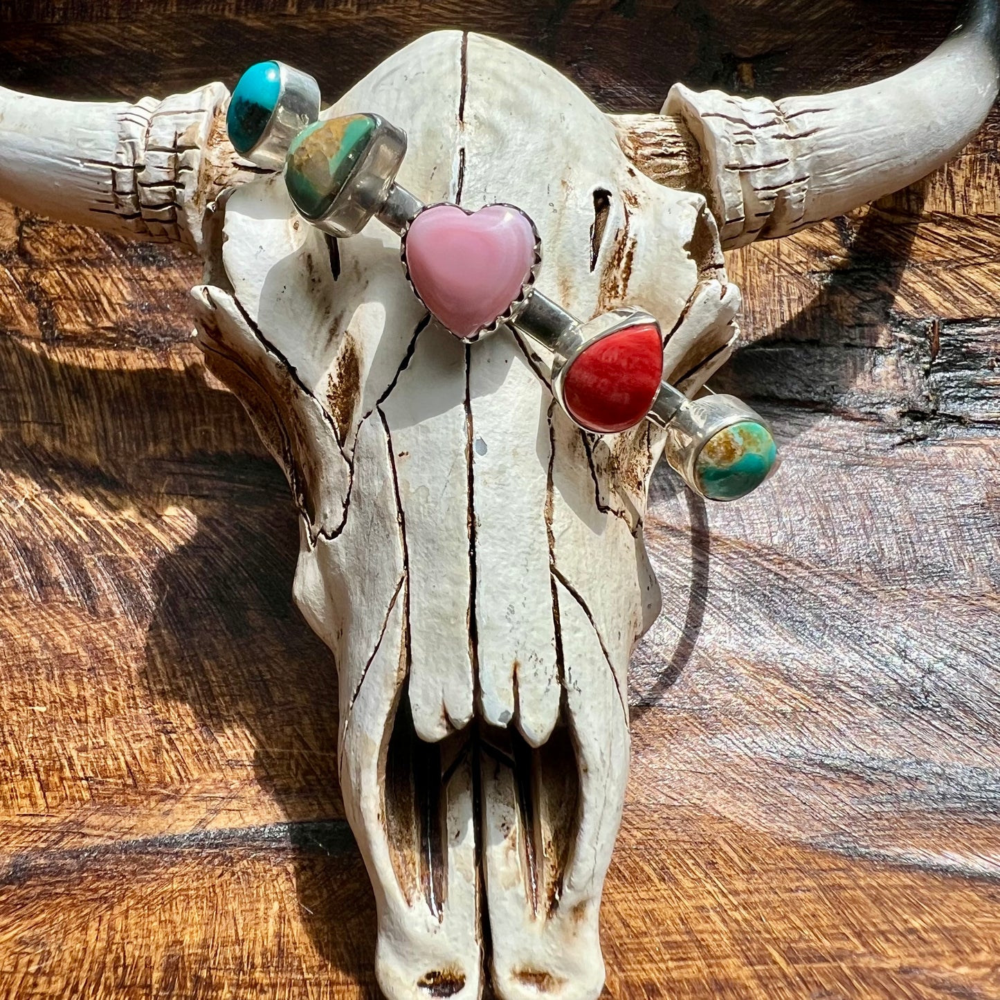 925 Sterling Silver Multi-Stone Cuff Bracelet Kingman Turquoise Spiny Oyster Conch Heart Southwestern