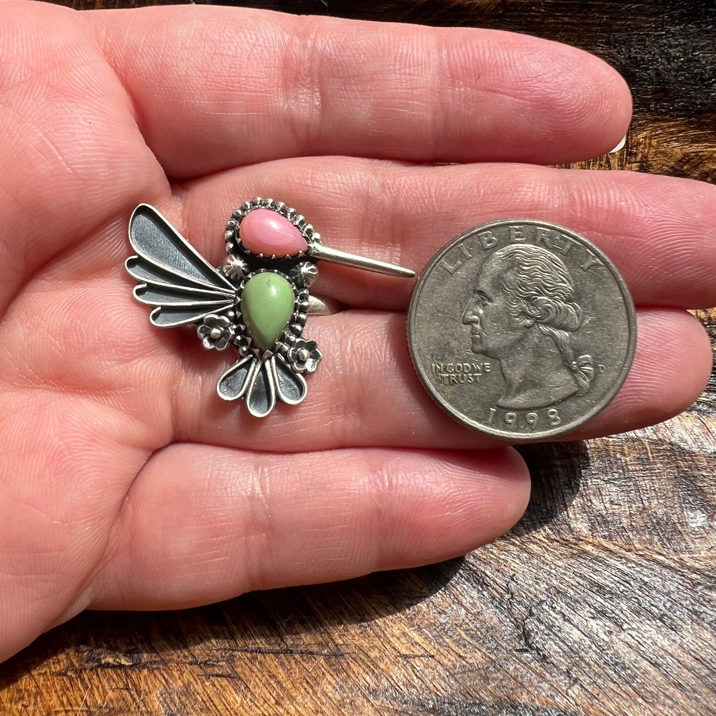 Sterling Silver Green Turquoise Queen Conch Hummingbird Ring Adjustable 8
