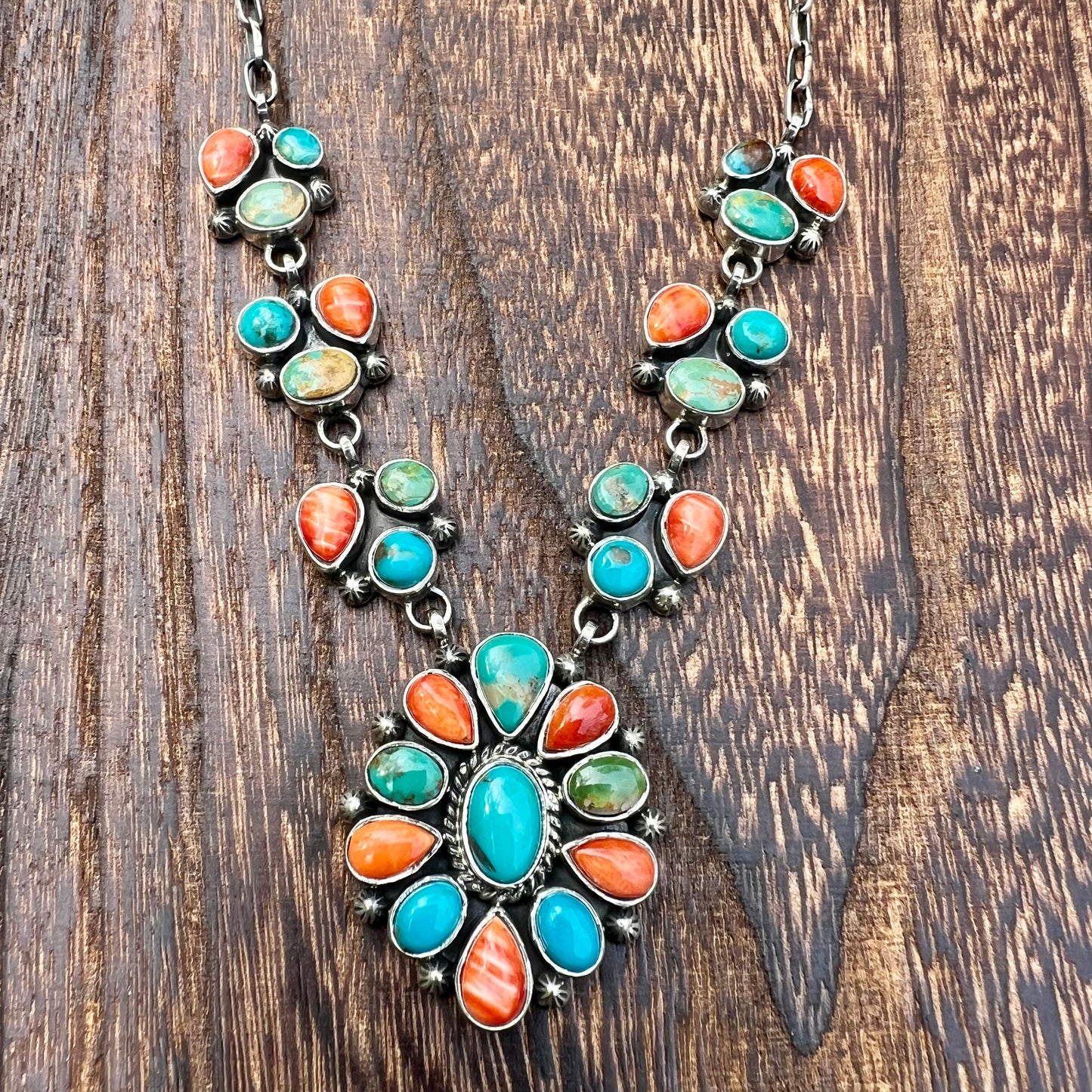 Collector’s Kingman Turquoise & Spiny Oyster Cluster Necklace – 29 Stone Statement