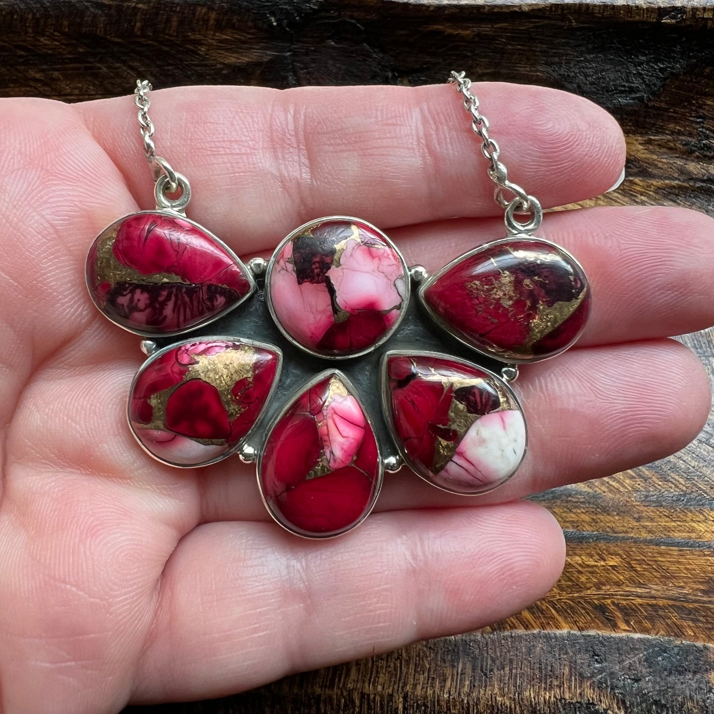 Sterling Silver Red Dahlia Statement Cluster Pendant Necklace