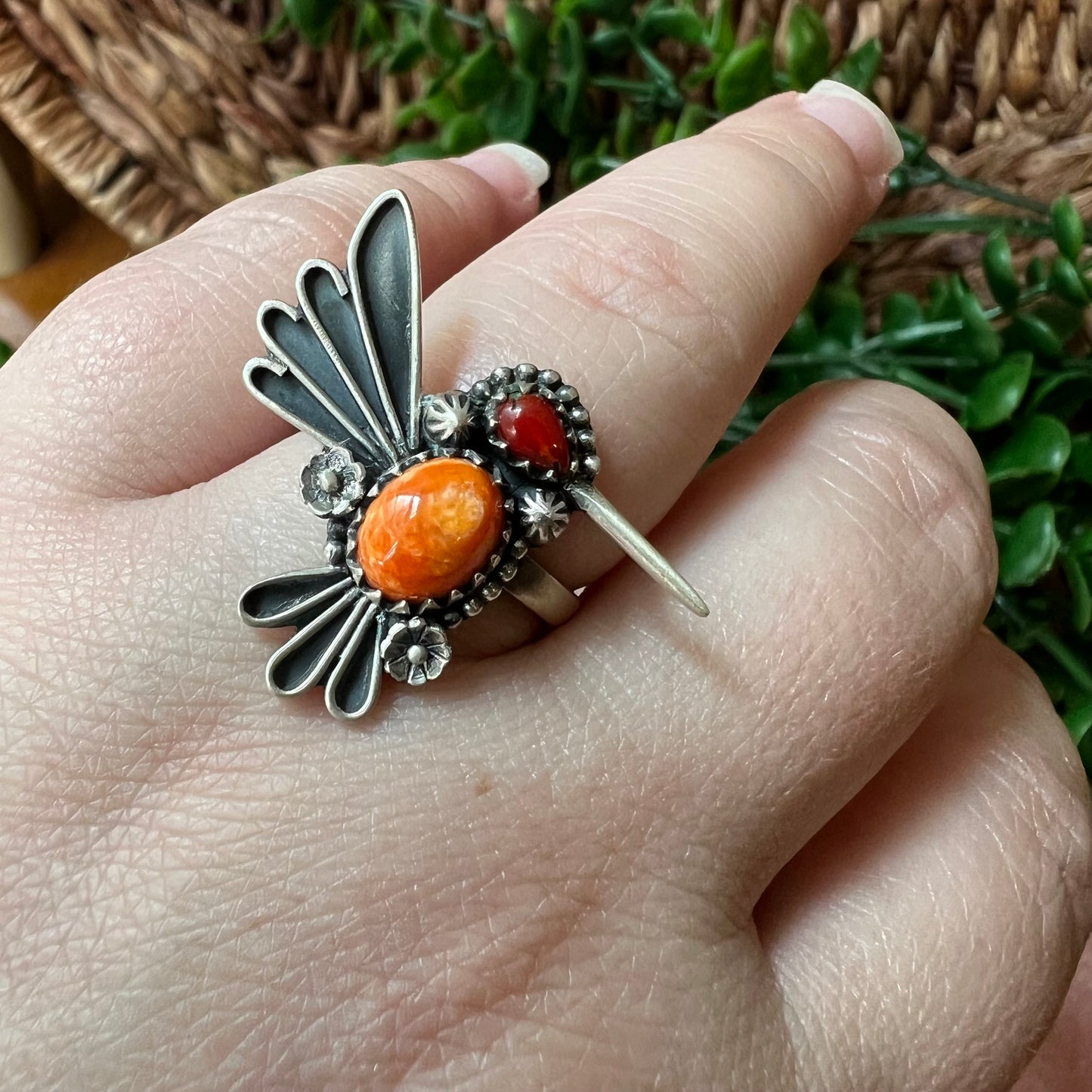 Sterling Silver Spiny Oyster Italian Red Coral Hummingbird Adjustable Ring
