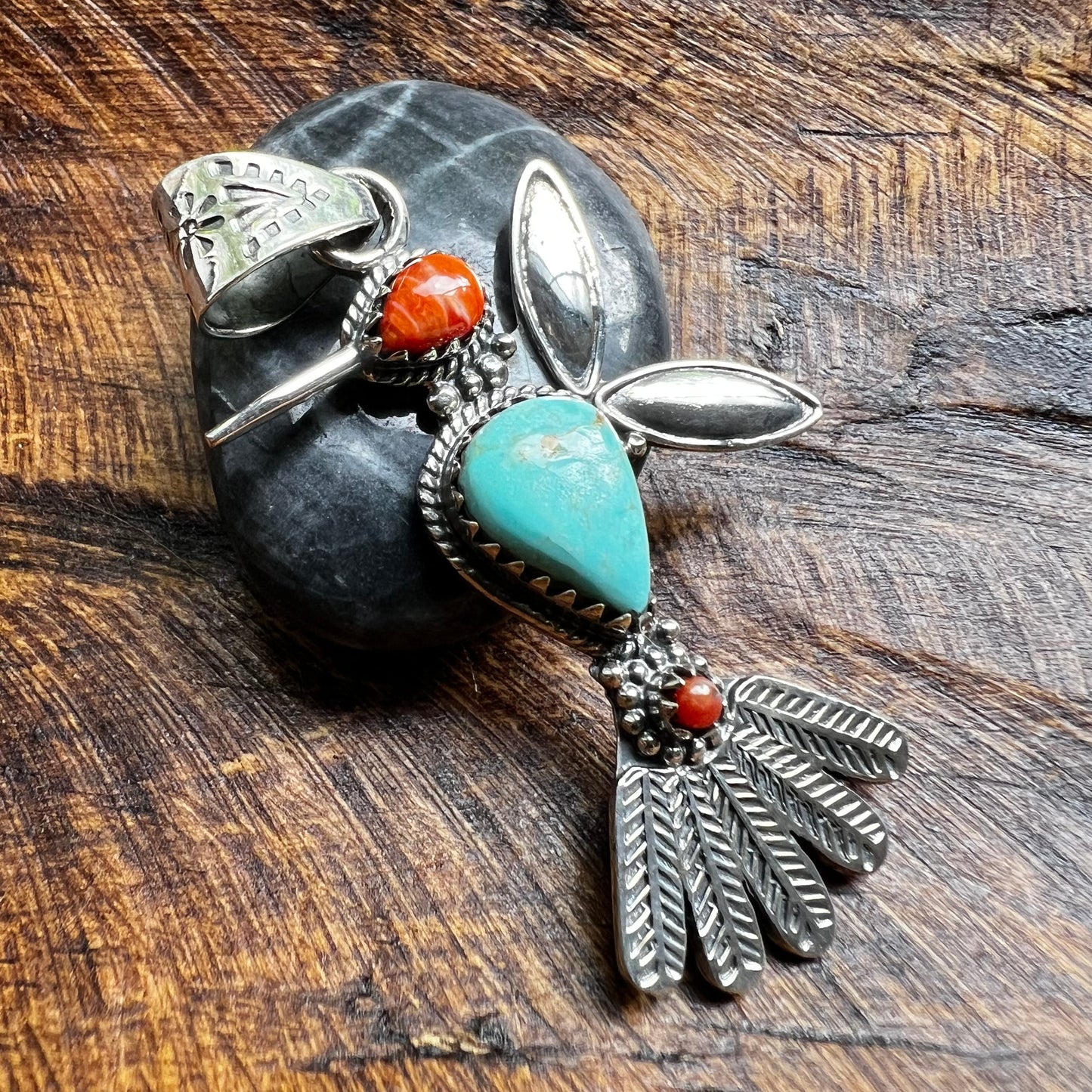 Kingman Turquoise Spiny Oyster Coral Hummingbird Pendant