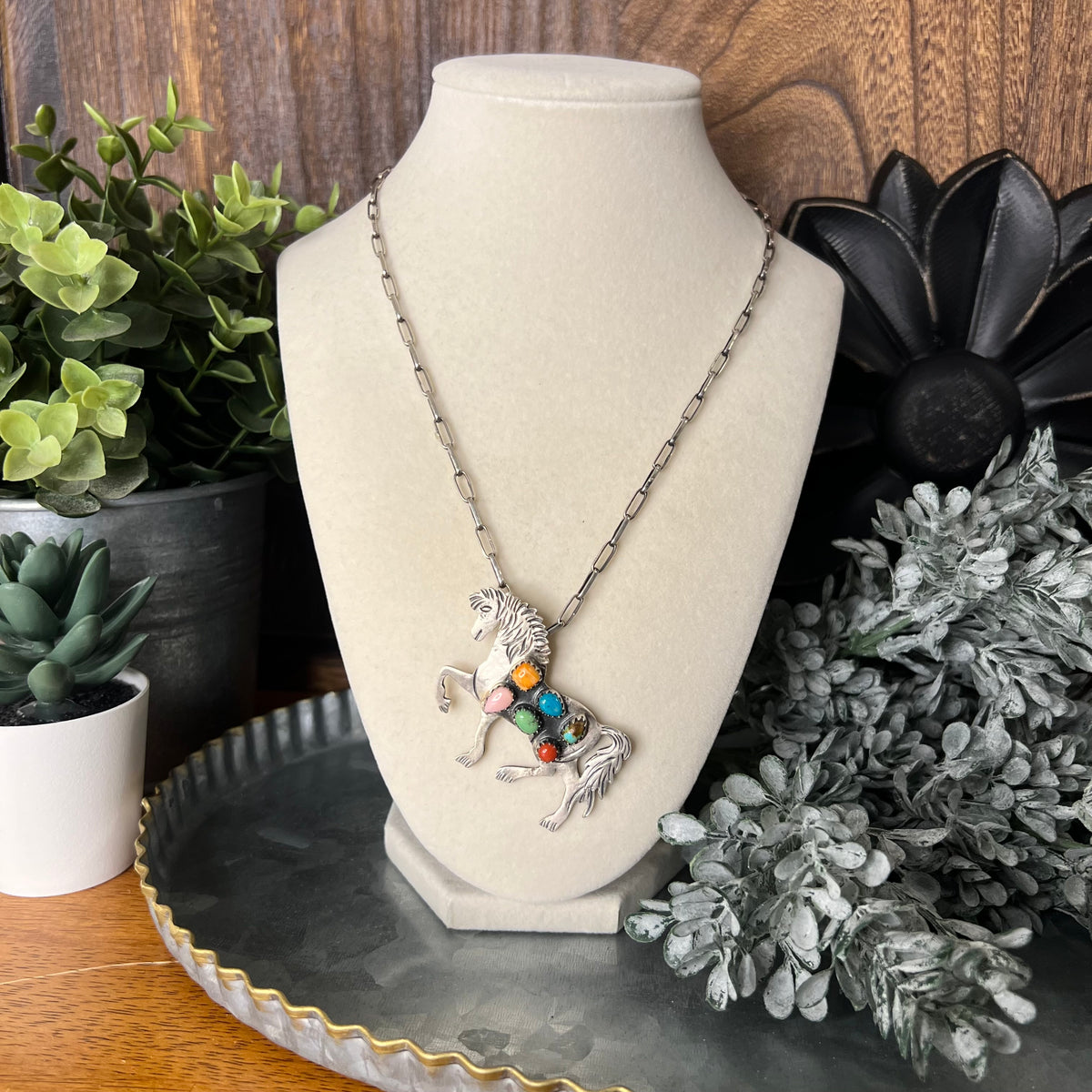 Sterling Silver Multi-Stone Horse Pendant – Kingman Turquoise, Queen Conch, Spiny Oyster & Italian Red Coral