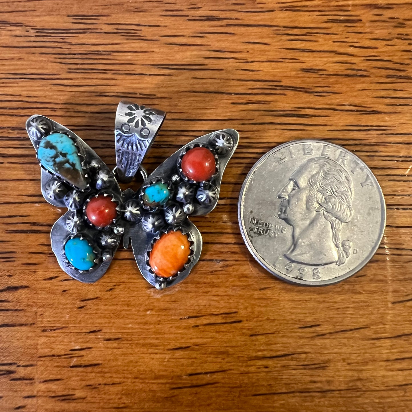 Sterling Silver Multi-Stone Butterfly Pendant – Kingman Turquoise, Italian Red Coral & Spiny Oyster