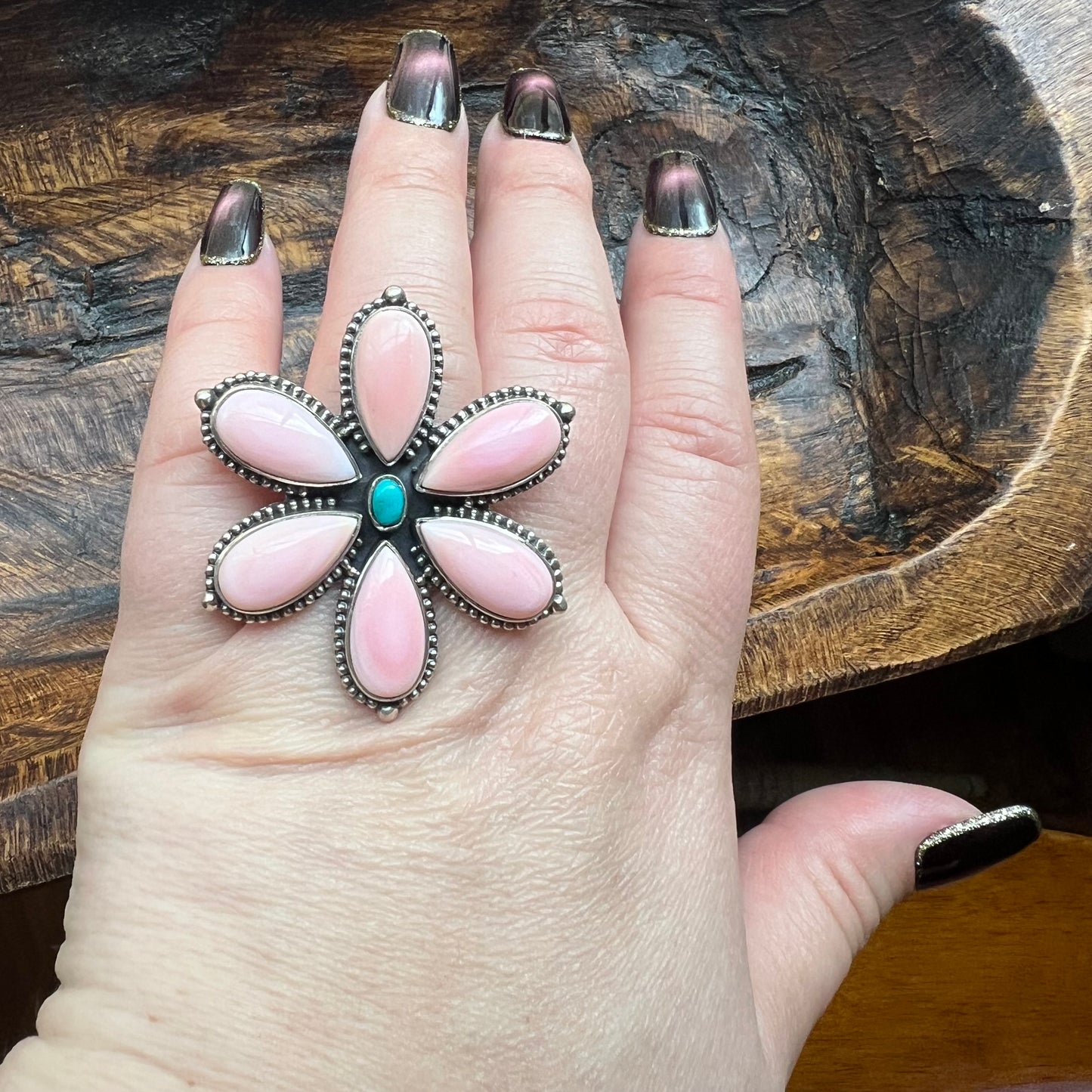 Queen Conch & Kingman Turquoise Flower Ring – Sterling Silver Statement | Size 8.5