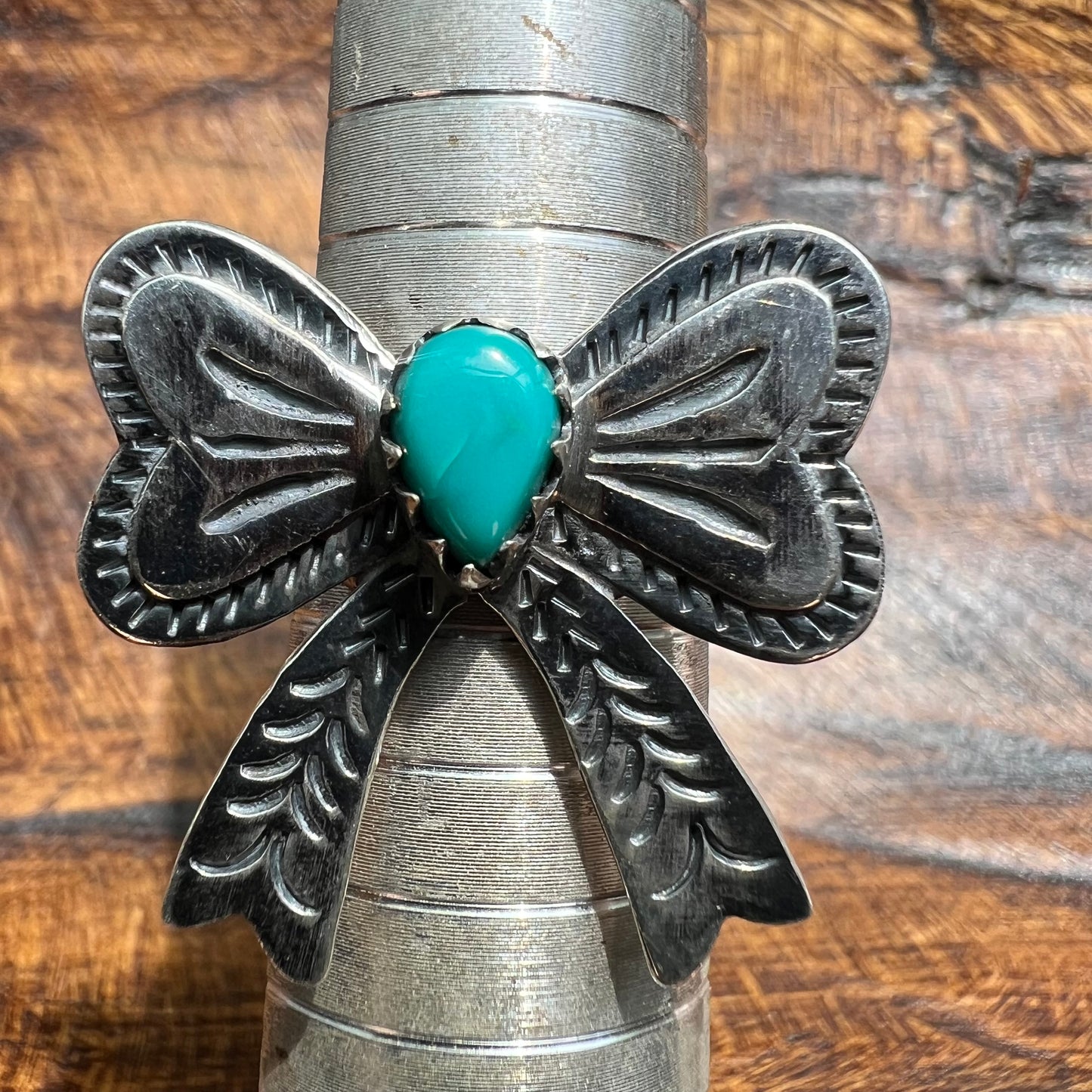 925 Sterling Silver Kingman Turquoise Bow Ring Size 8 Western Statement Ring