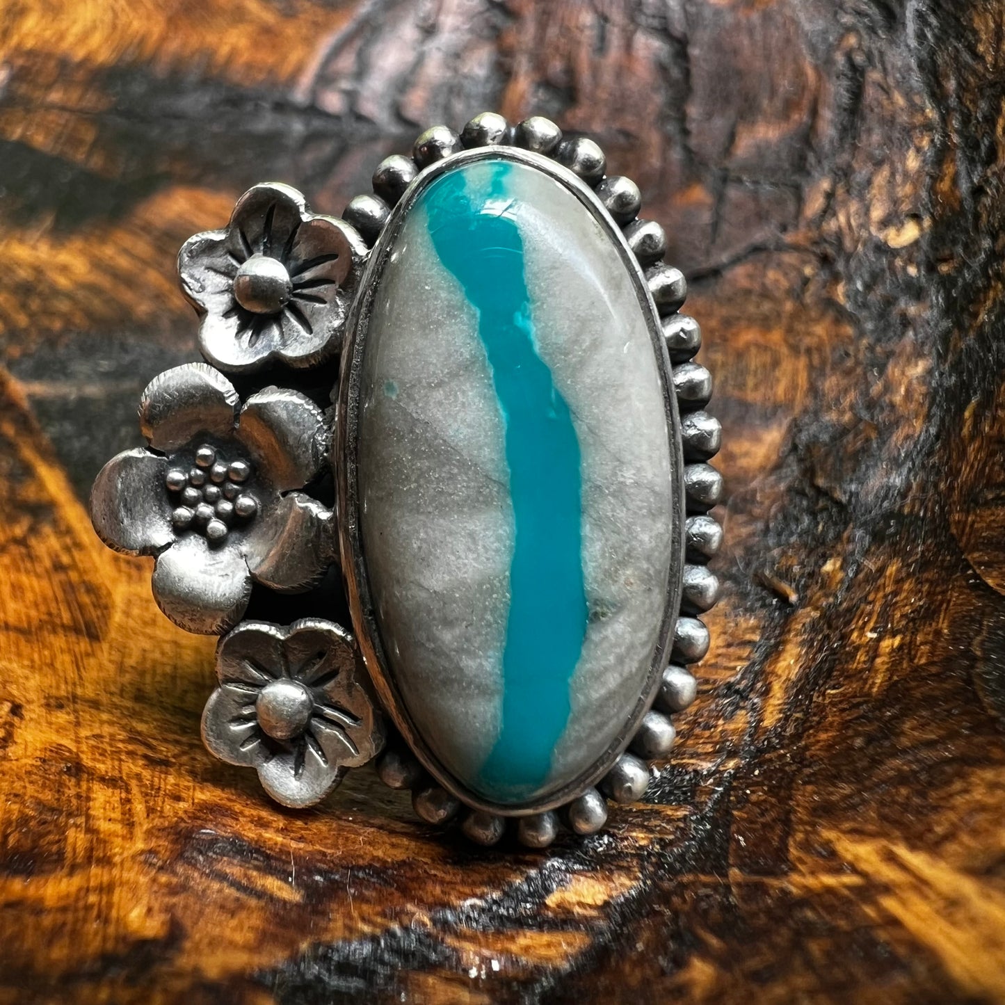 Ribbon Turquoise Floral Sterling Silver Statement Ring – Adjustable Size 9