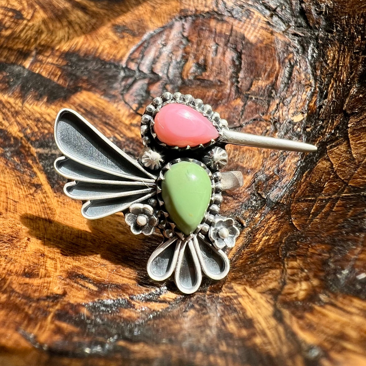 Sterling Silver Green Turquoise Queen Conch Hummingbird Ring Adjustable 8