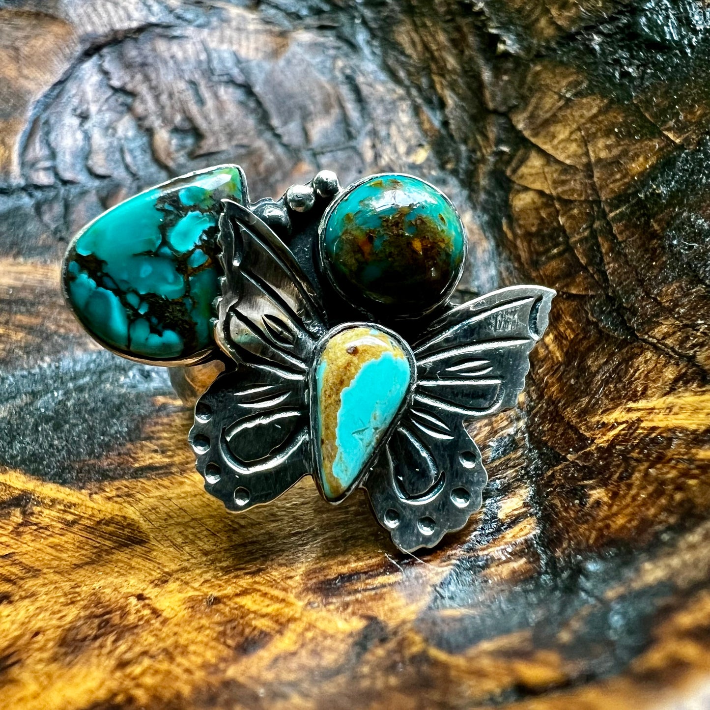 Kingman Turquoise Butterfly Ring | Handmade Sterling Silver Statement Ring Size 9