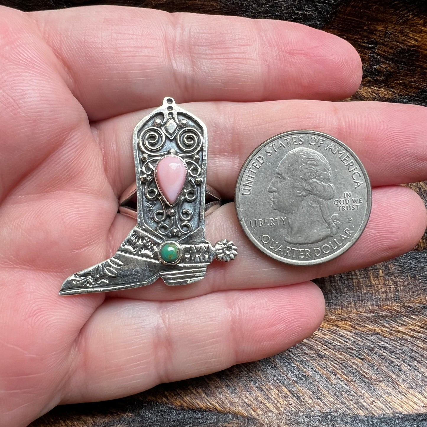 Sterling Silver Pink Conch Cowboy Boot Ring with Kingman Turquoise – Size 7.5