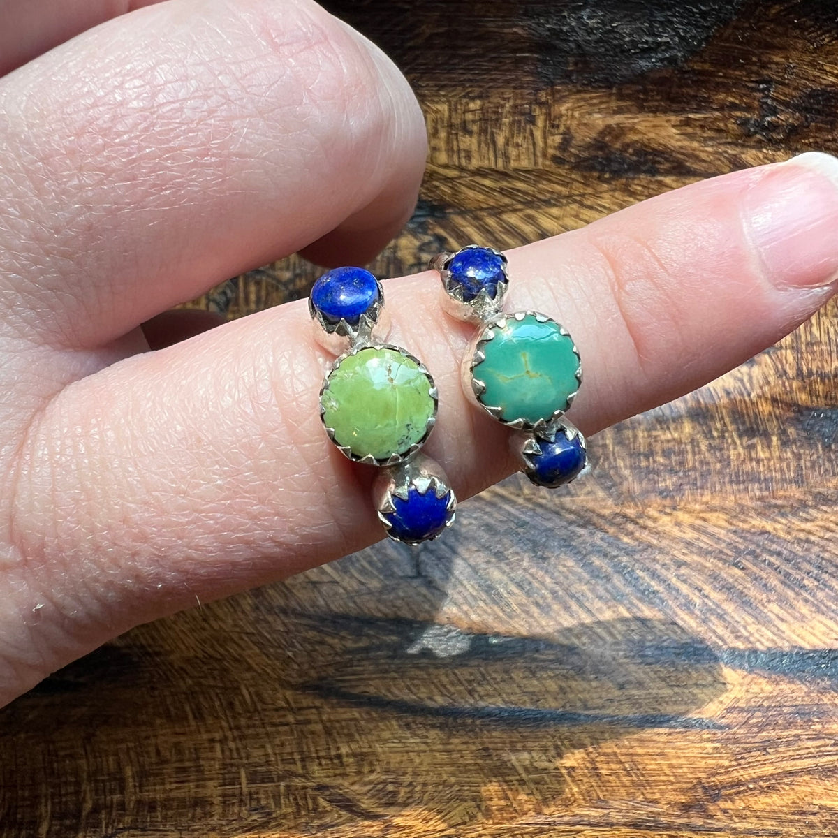 Sterling Silver Kingman Turquoise & Lapis Lazuli Three-Stone Ring