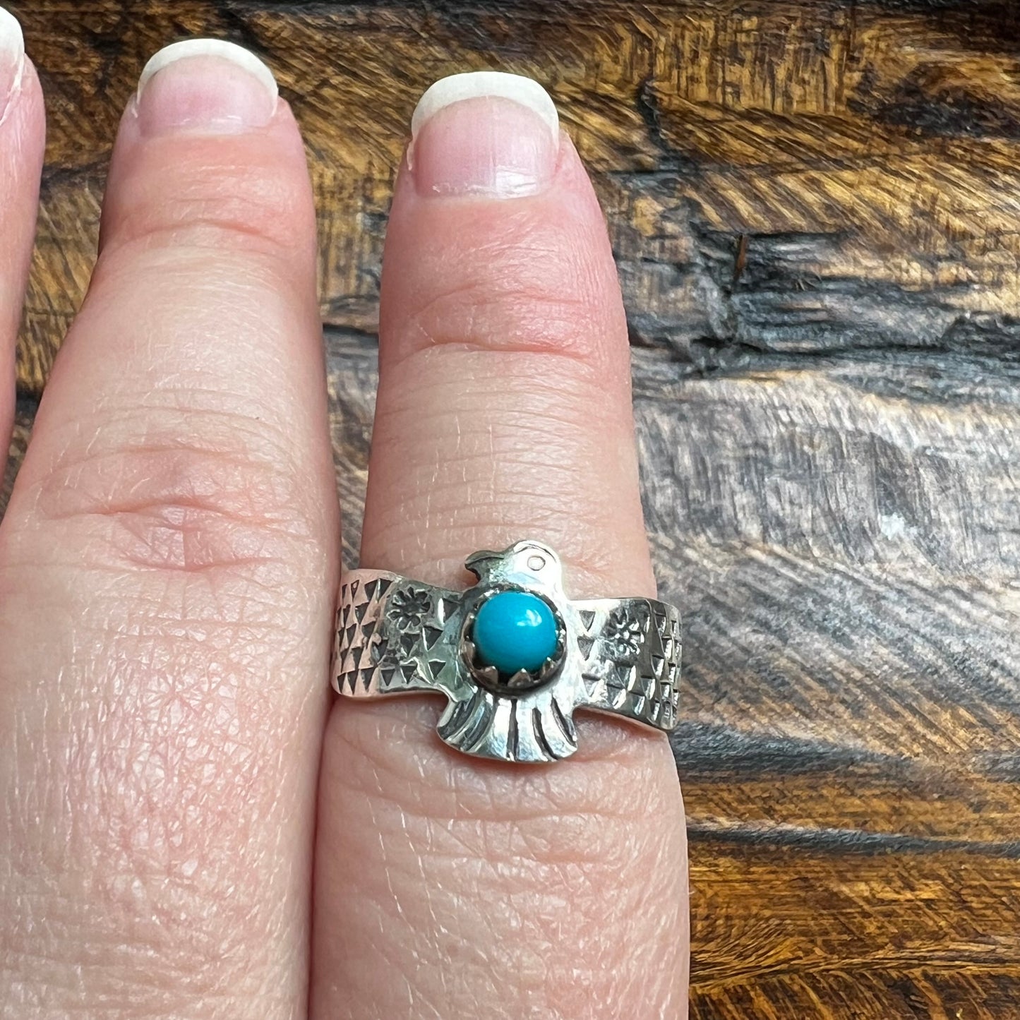 Sterling Silver Kingman Turquoise Thunderbird Ring Size 7.25