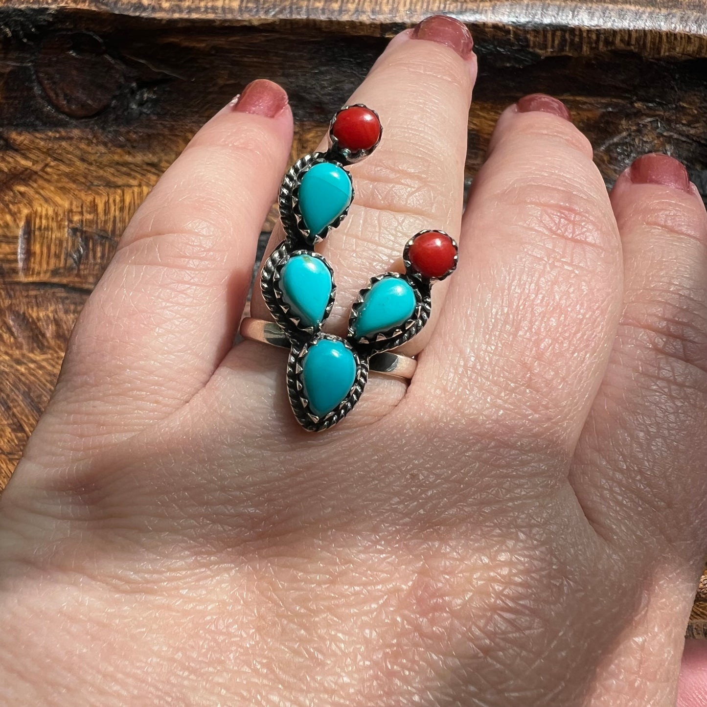 Sterling Silver Kingman Turquoise & Italian Coral Cactus Ring