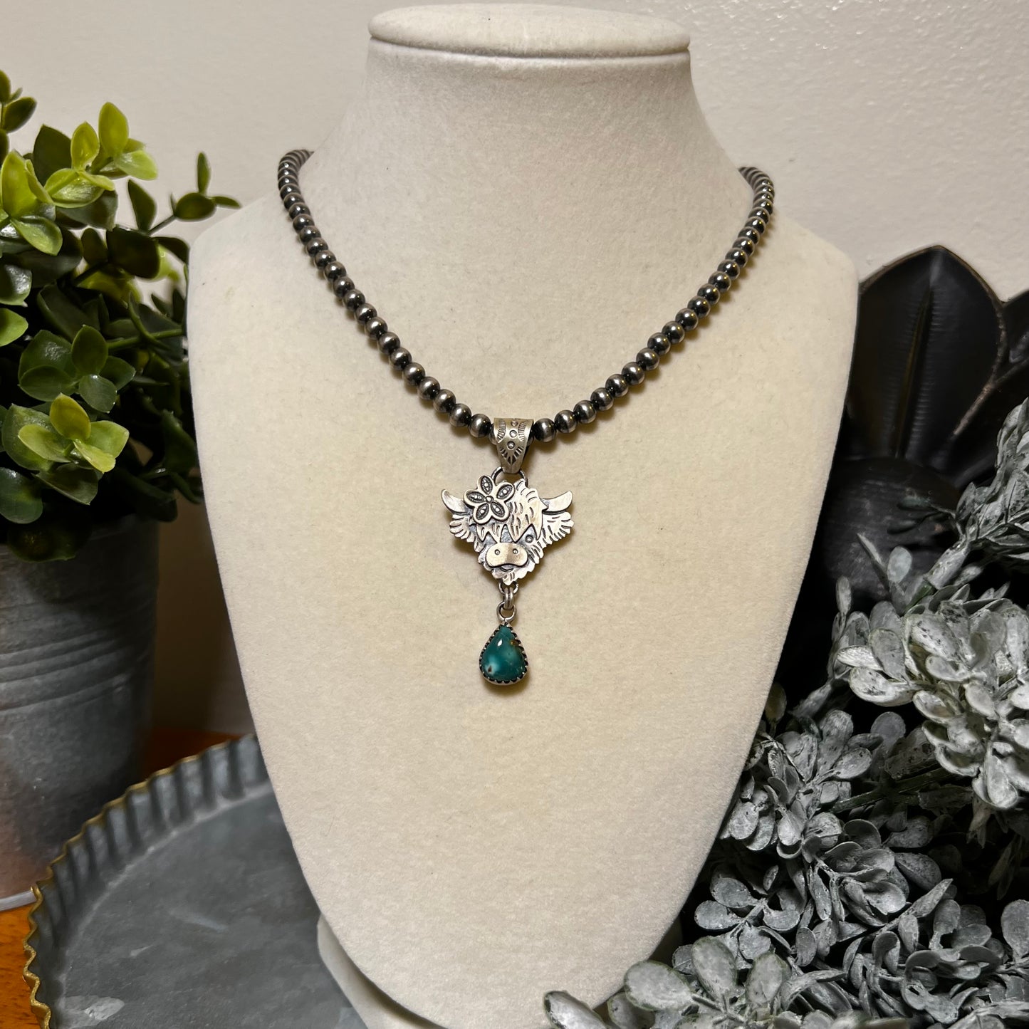 Sterling Silver Highland Cow Pendant with Fox Turquoise Drop