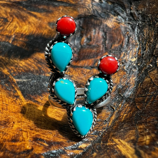 Sterling Silver Kingman Turquoise & Italian Coral Cactus Ring