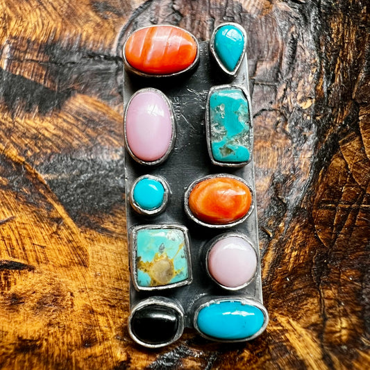 Sterling Silver Multi-Stone Statement Ring | Kingman Turquoise, Queen Conch, Spiny Oyster & Black Onyx