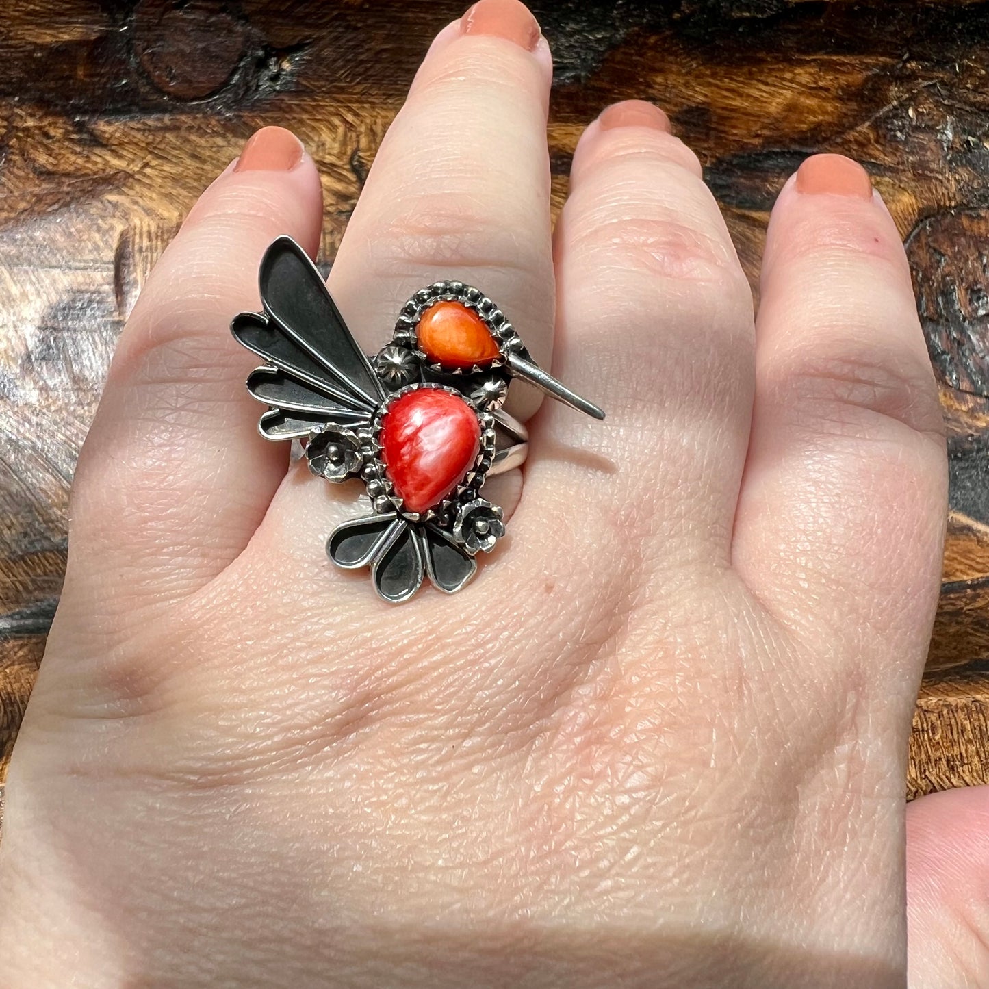 Spiny Oyster Hummingbird Statement Ring – Sterling Silver, Size 8