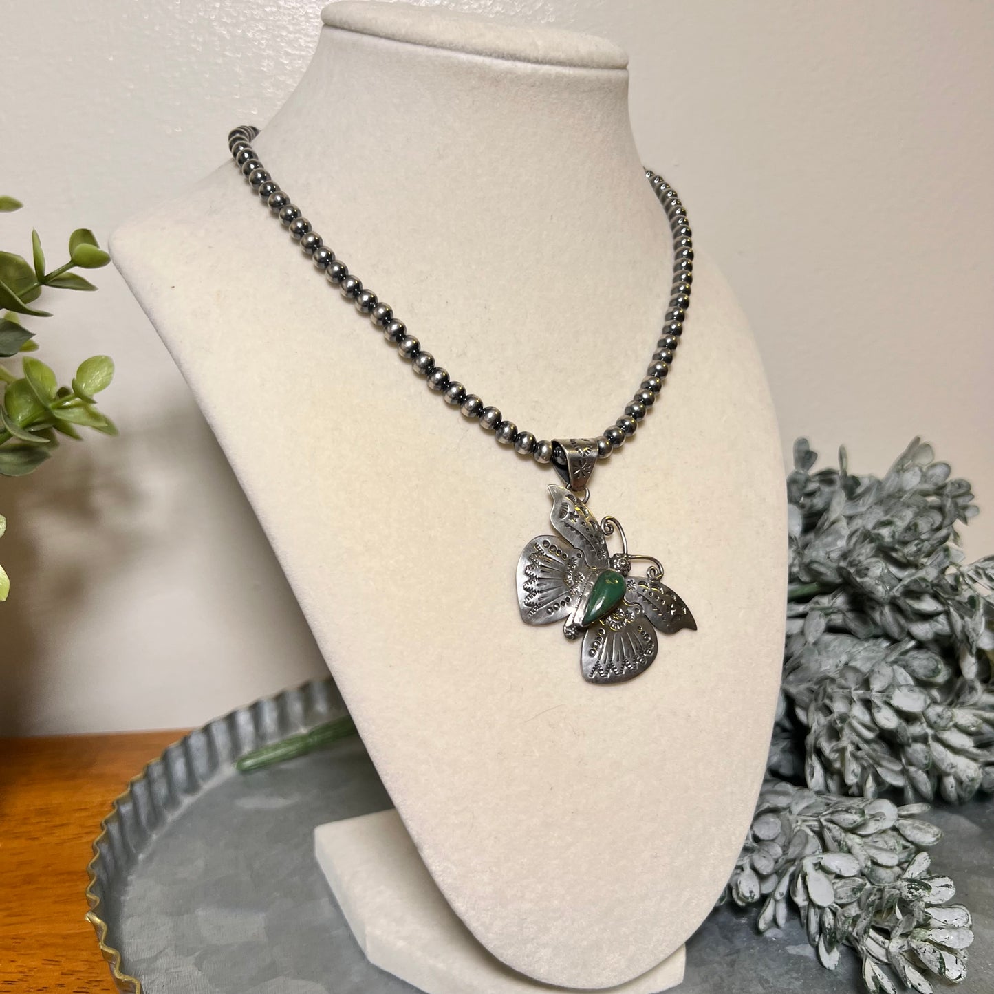 Kingman Turquoise Butterfly–Moth Pendant in Sterling Silver