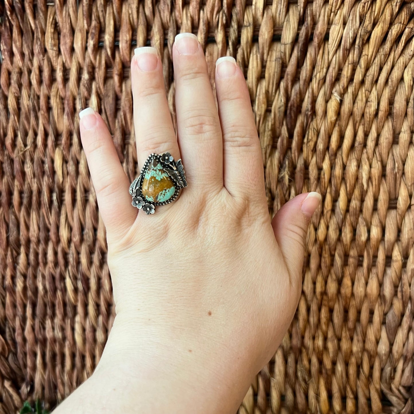 925 Sterling Silver Kingman Turquoise Floral Butterfly Statement Ring Sz 9