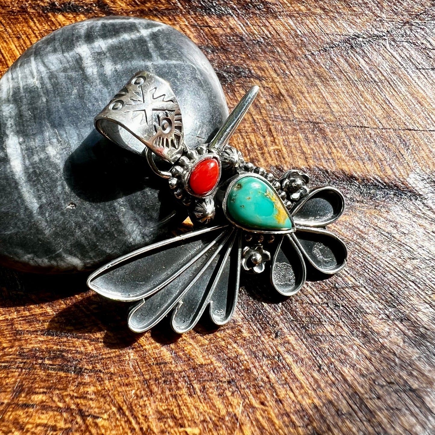 Kingman Turquoise & Italian Red Coral Hummingbird Pendant