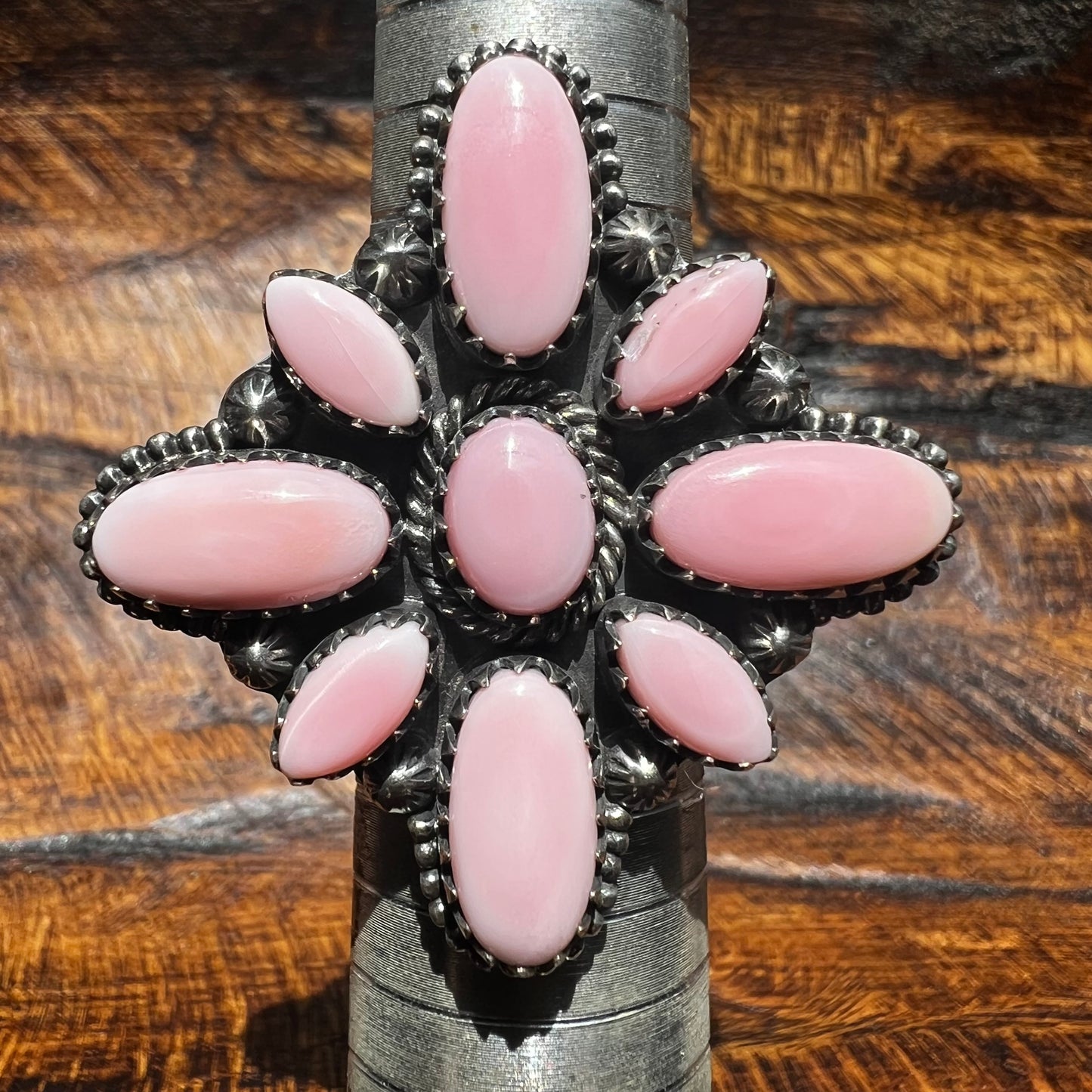 Blush Conch Floral Cluster Ring – Handcrafted Sterling Statement