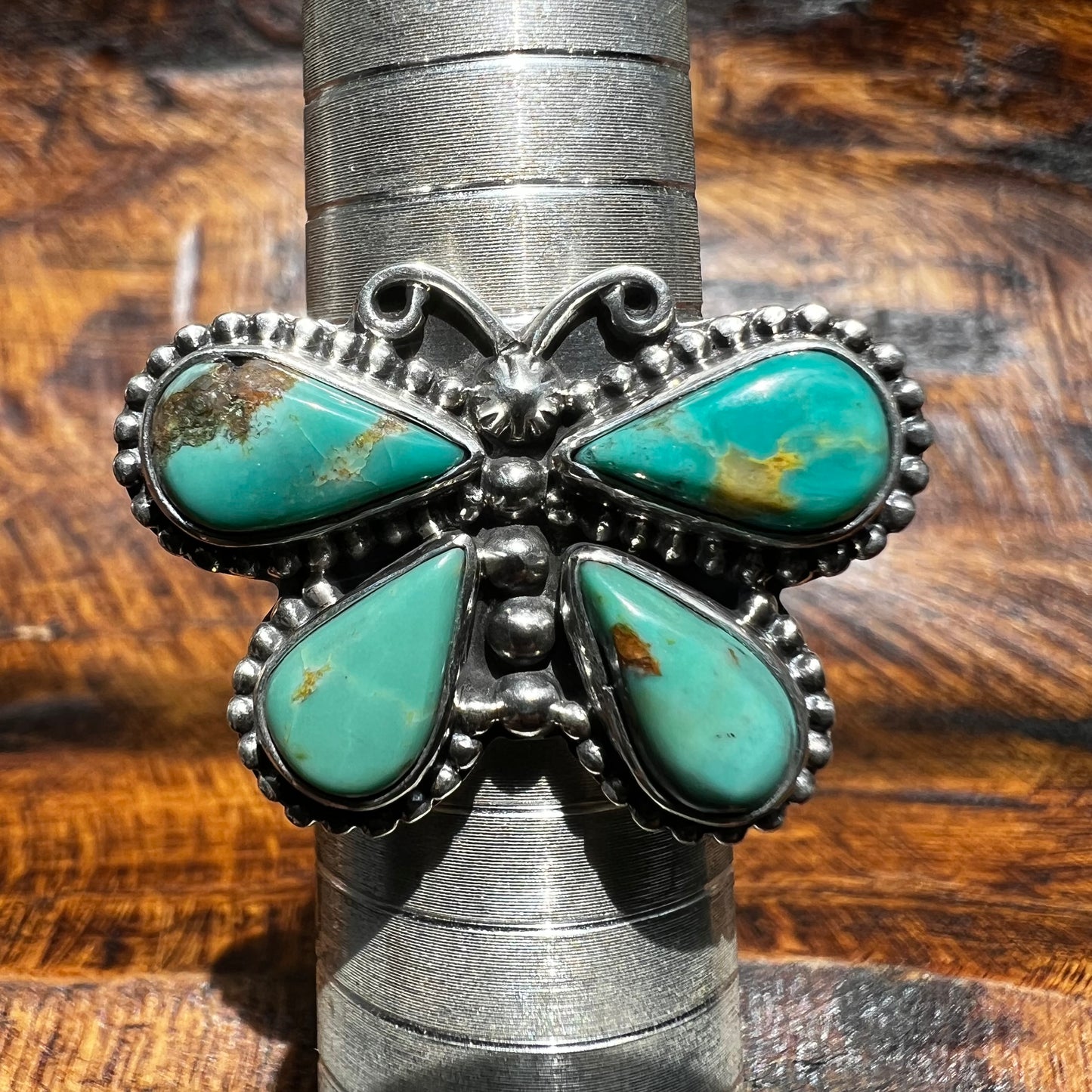 Kingman Turquoise Butterfly Sterling Silver Ring – Size 9