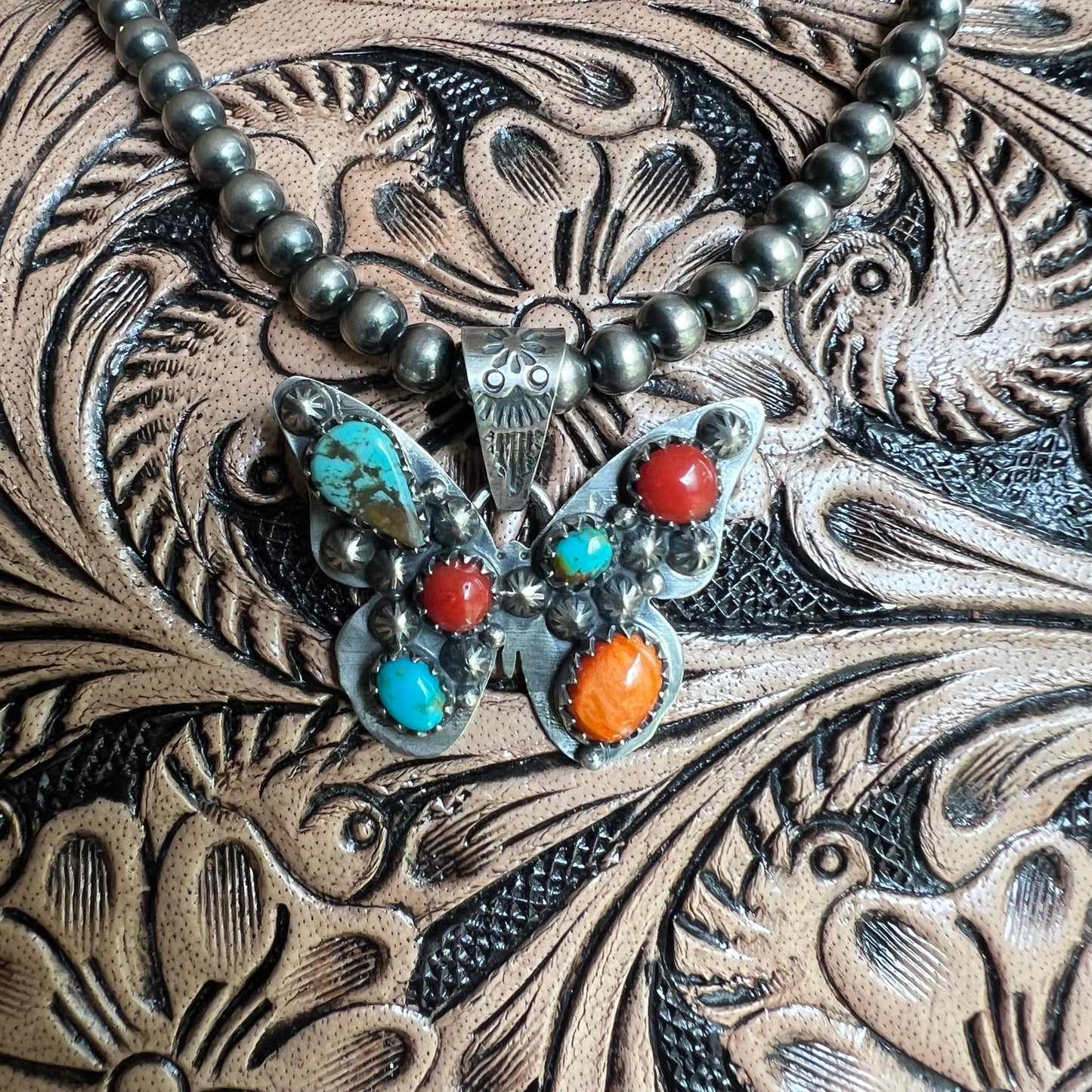 Sterling Silver Multi-Stone Butterfly Pendant – Kingman Turquoise, Italian Red Coral & Spiny Oyster