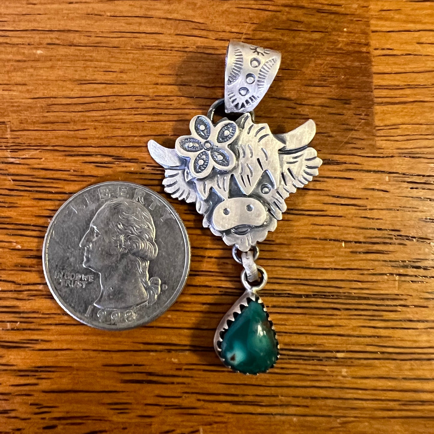 Sterling Silver Highland Cow Pendant with Fox Turquoise Drop