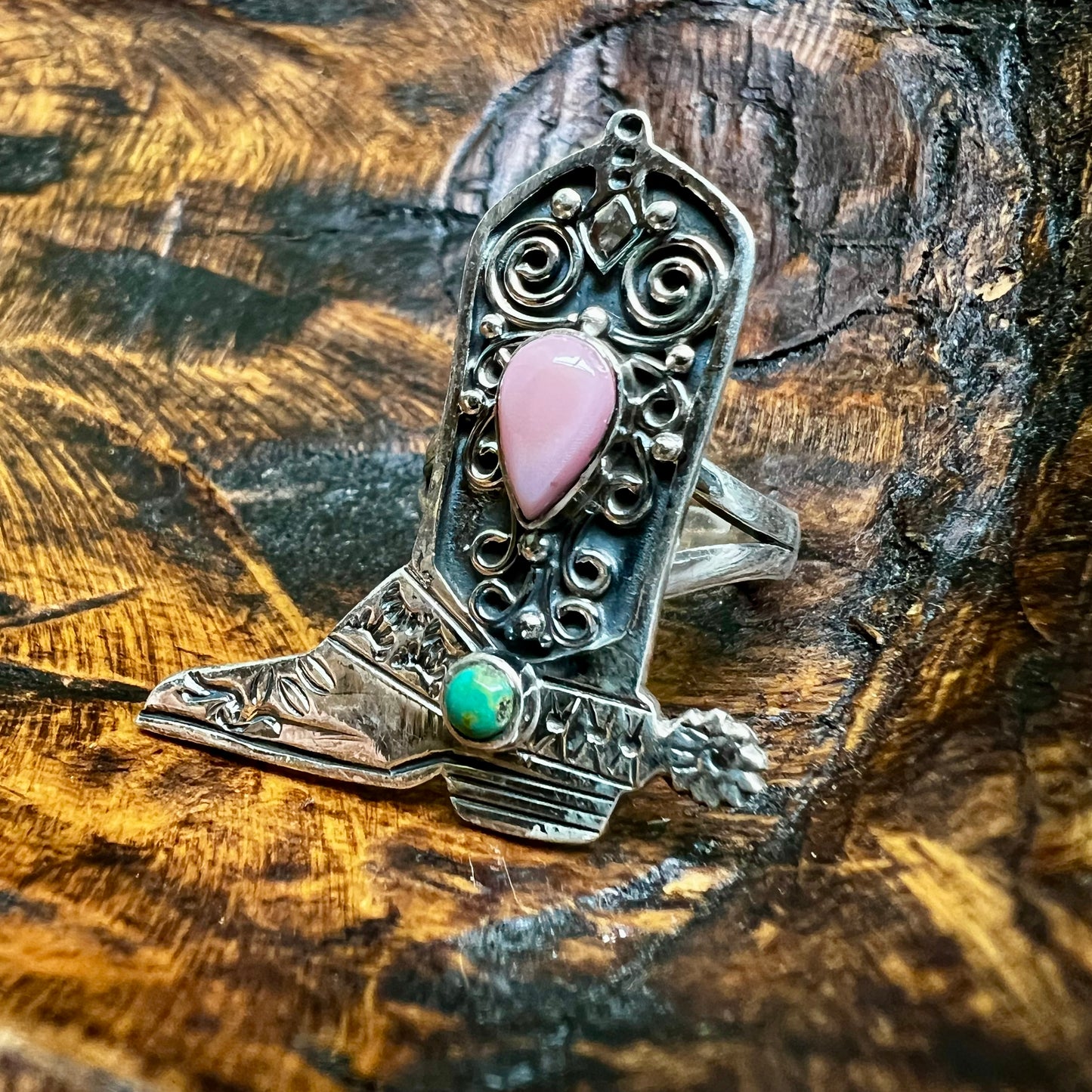 Sterling Silver Pink Conch Cowboy Boot Ring with Kingman Turquoise – Size 7.5