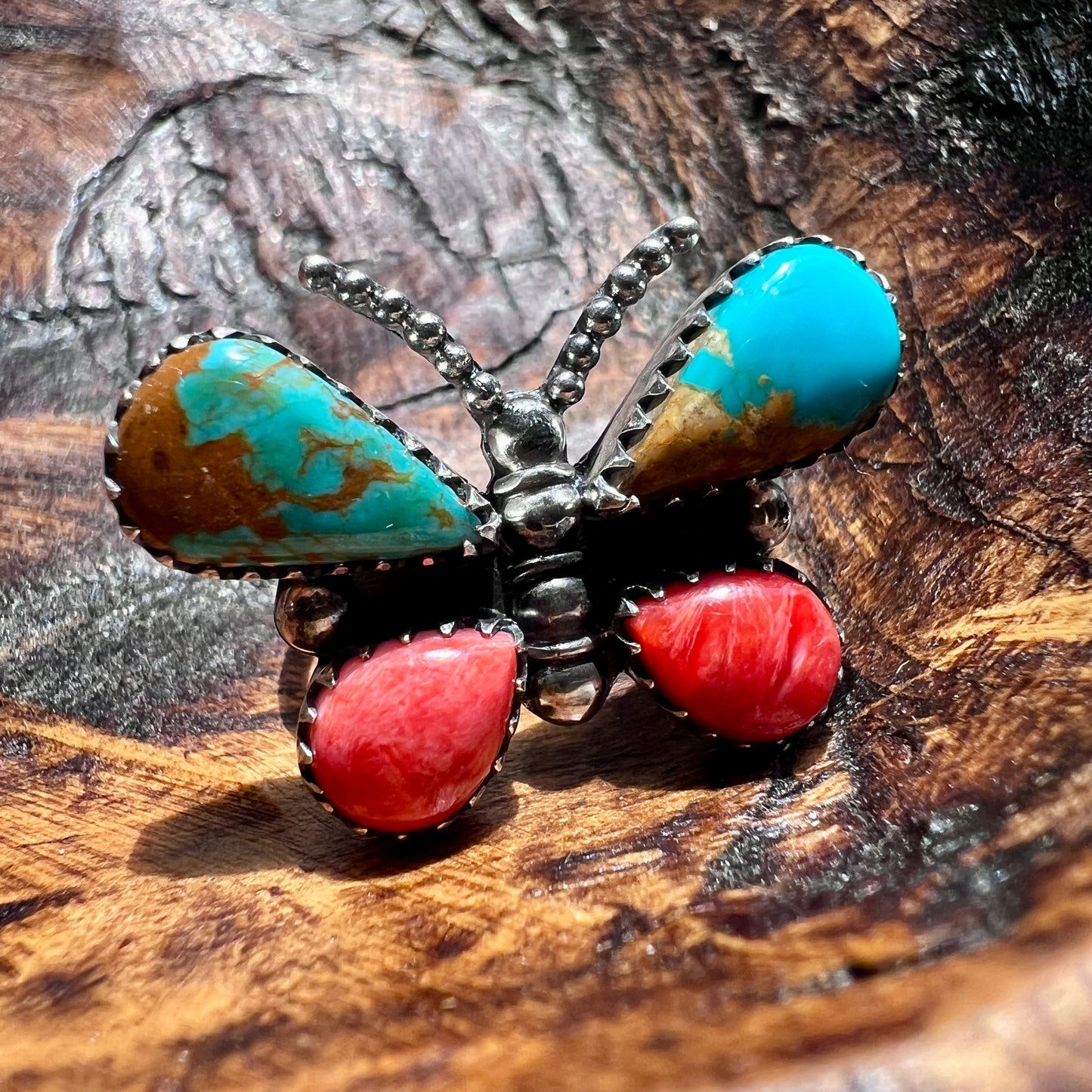 Kingman Turquoise & Spiny Oyster Butterfly Ring – Sterling Silver Statement (Size 9)