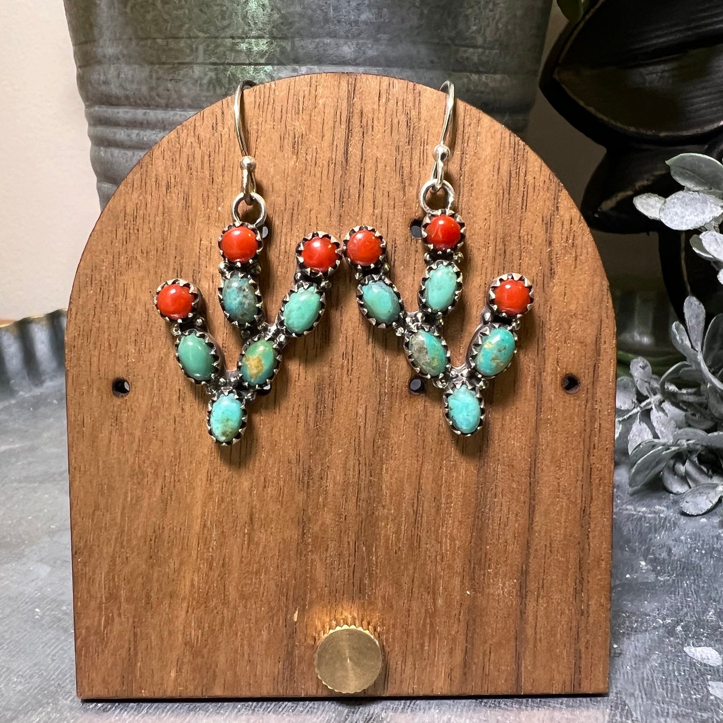 Sterling Silver Kingman Turquoise Red Coral Cactus Dangle Earrings