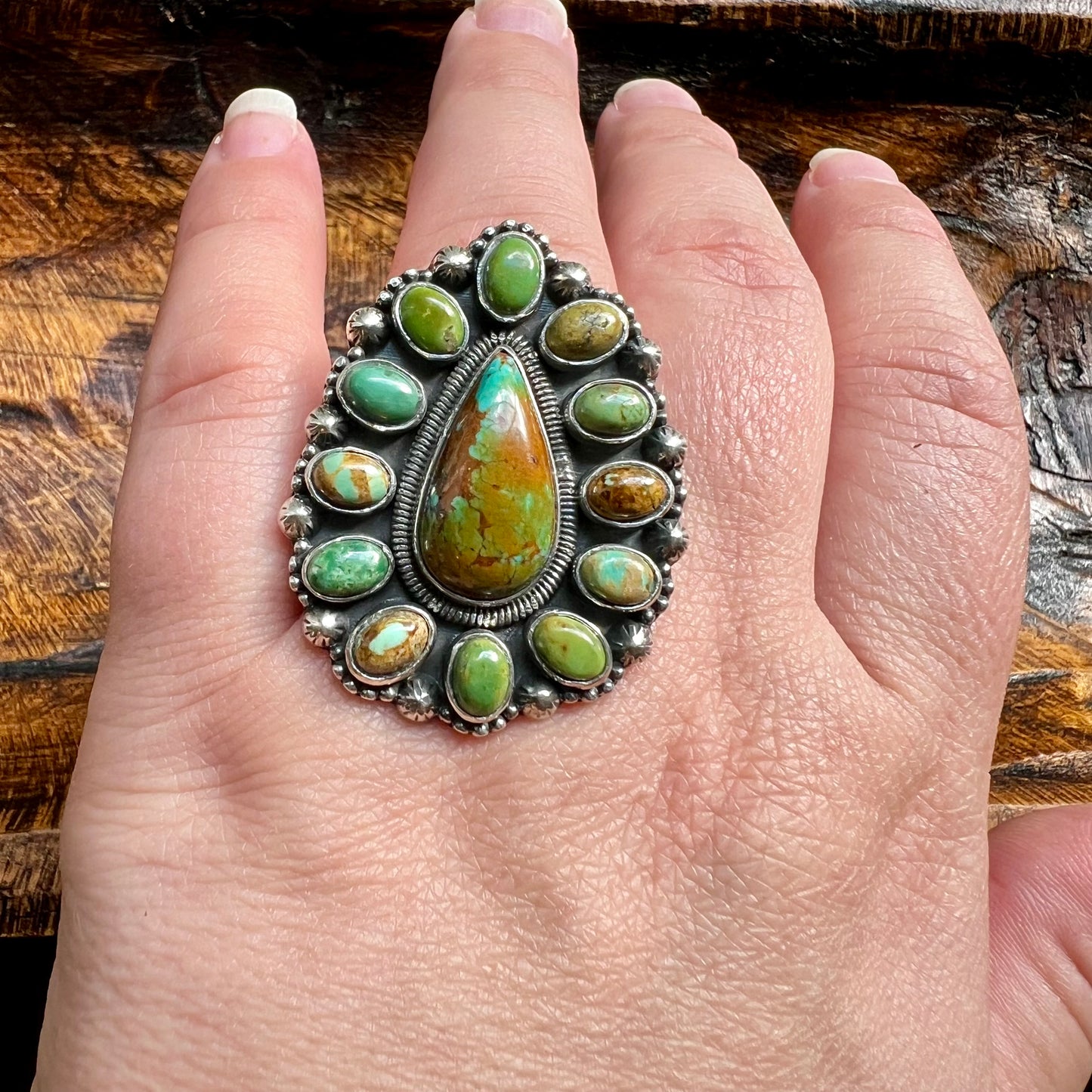 Sterling Silver Kingman Turquoise Cluster Ring Size 8.25 Statement