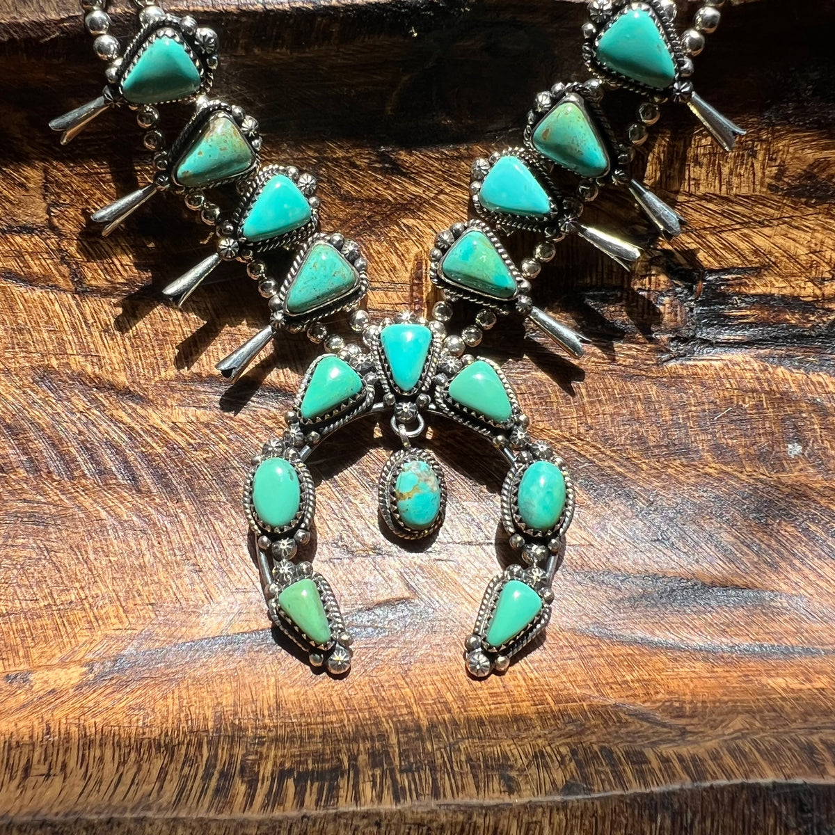 Kingman Turquoise Squash Blossom Necklace Sterling Silver