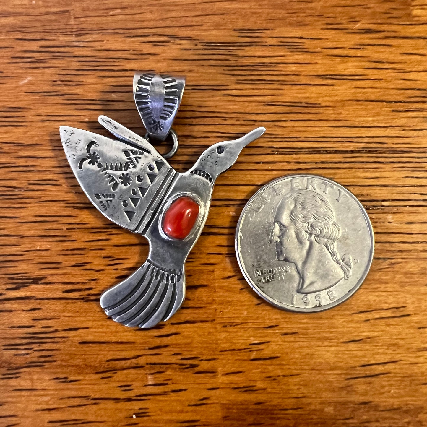 Sterling Silver & Italian Red Coral Hummingbird Pendant