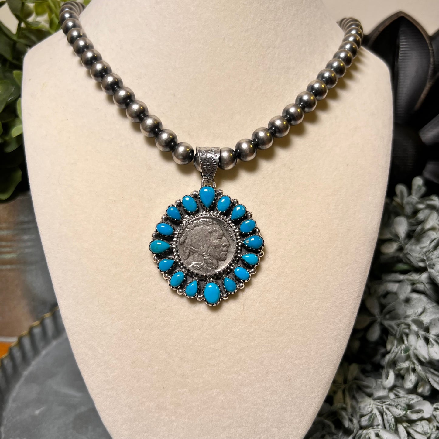 1936 Buffalo Nickel & Kingman Turquoise Cluster Pendant
