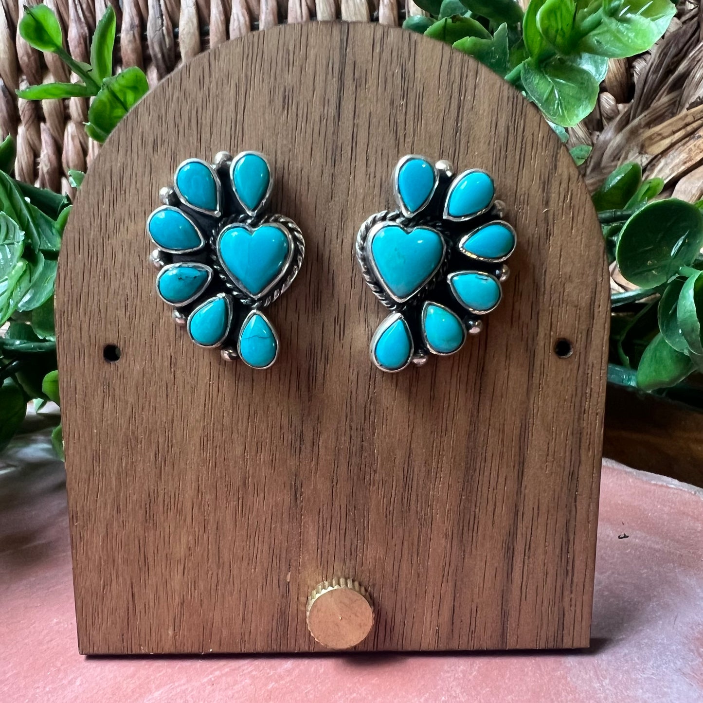 Kingman Turquoise Heart Half Cluster Stud Earrings Sterling Silver