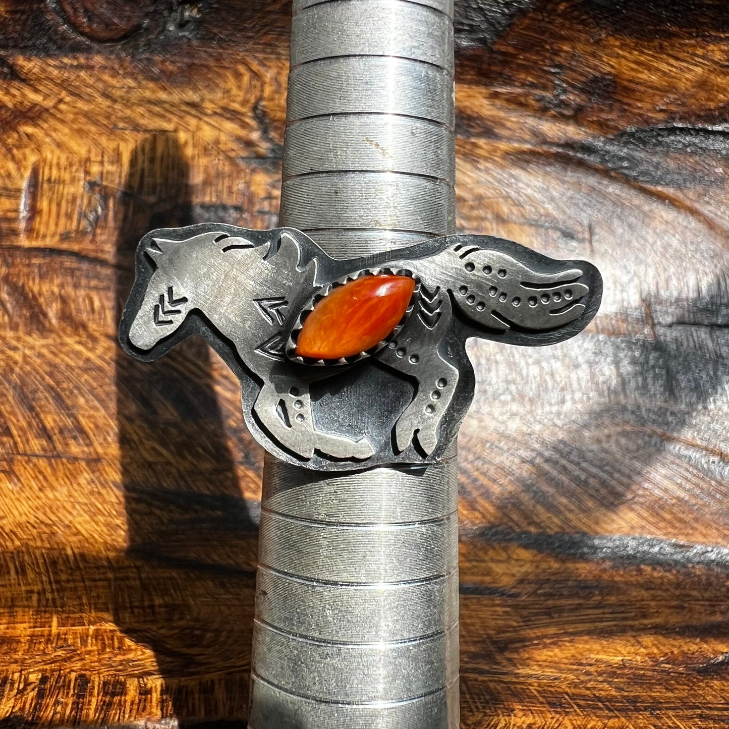 Sterling Silver Spiny Oyster Running Horse Ring Size 8 Adjustable
