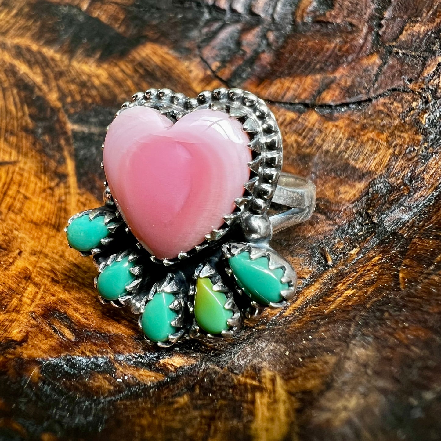 Pink Conch Heart & Kingman Turquoise Cluster Ring