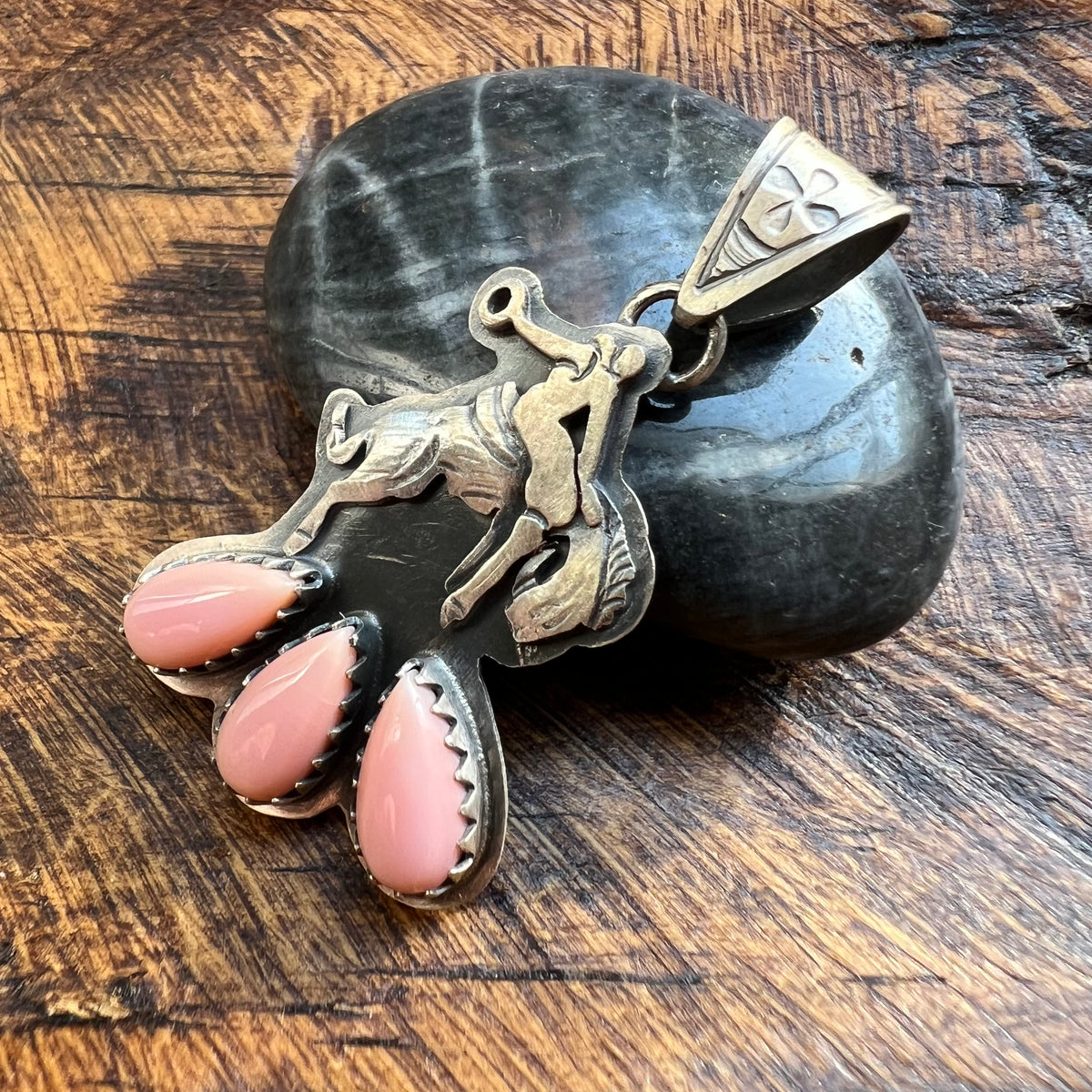 Sterling Silver Queen Conch Bucking Bronco Pendant Handmade Southwestern