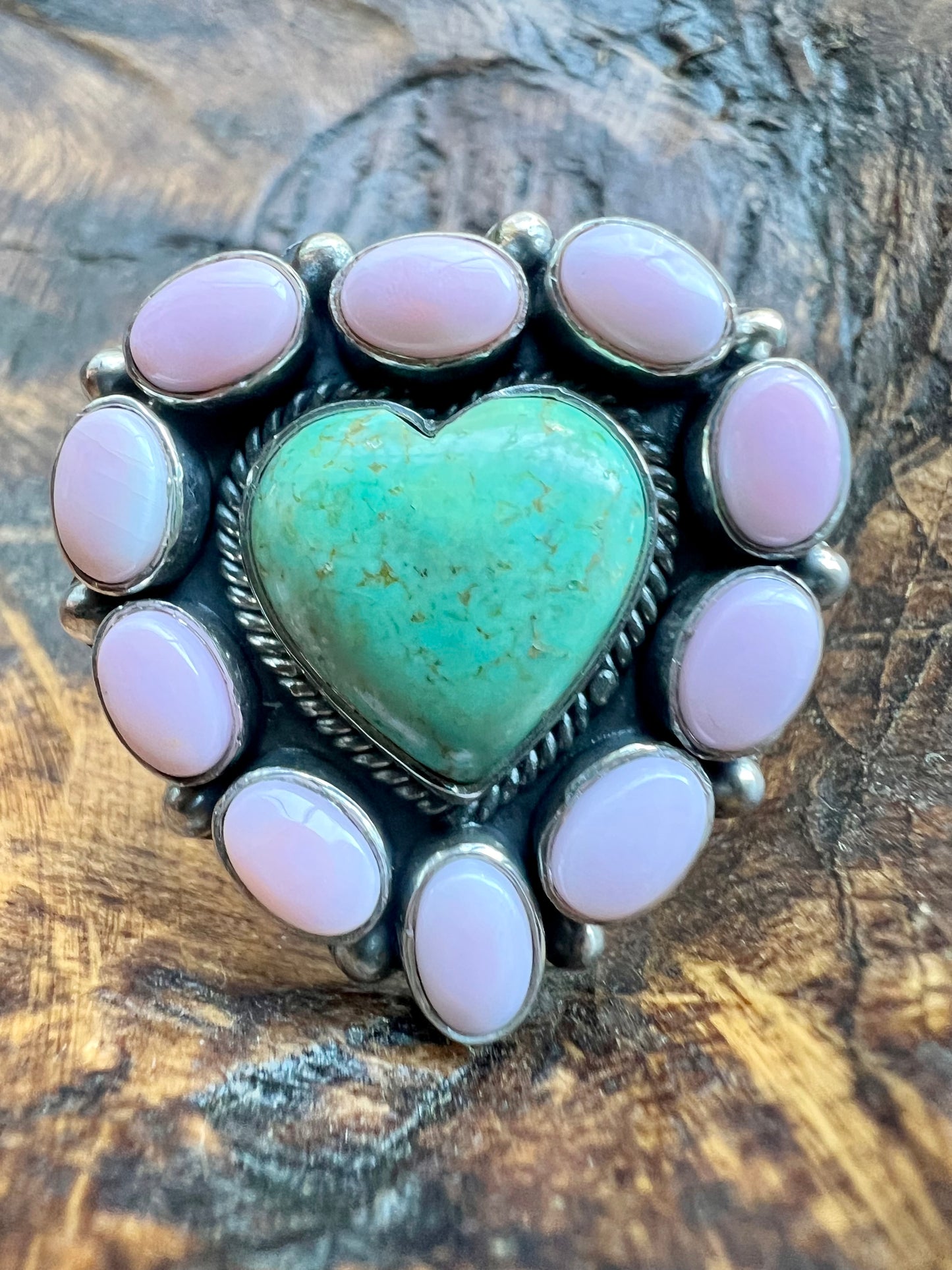 Kingman Heart & Queen Conch Cluster Ring — Sterling Silver Statement (Size ~9¼)