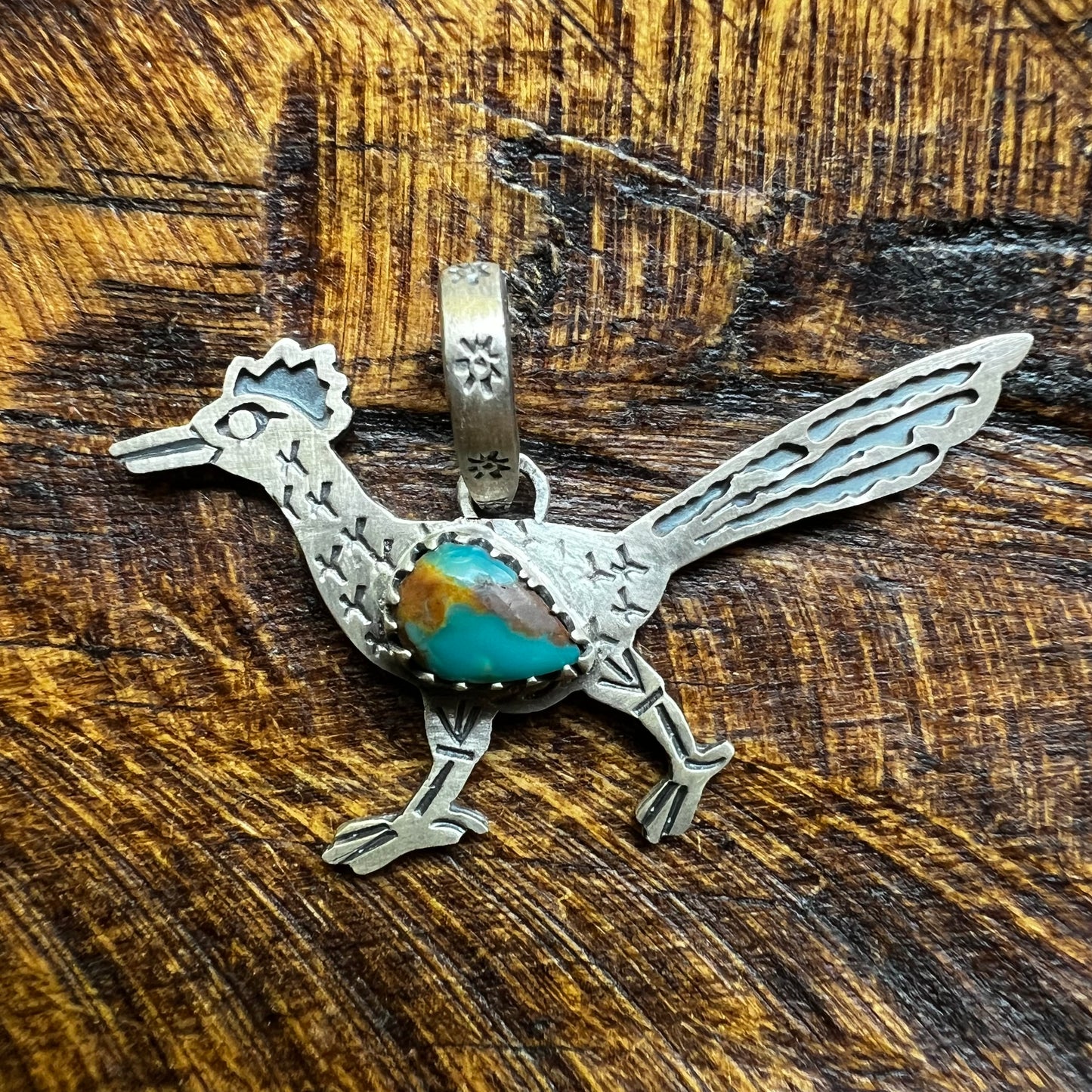 Southwestern Sterling Silver Roadrunner Turquoise Pendant