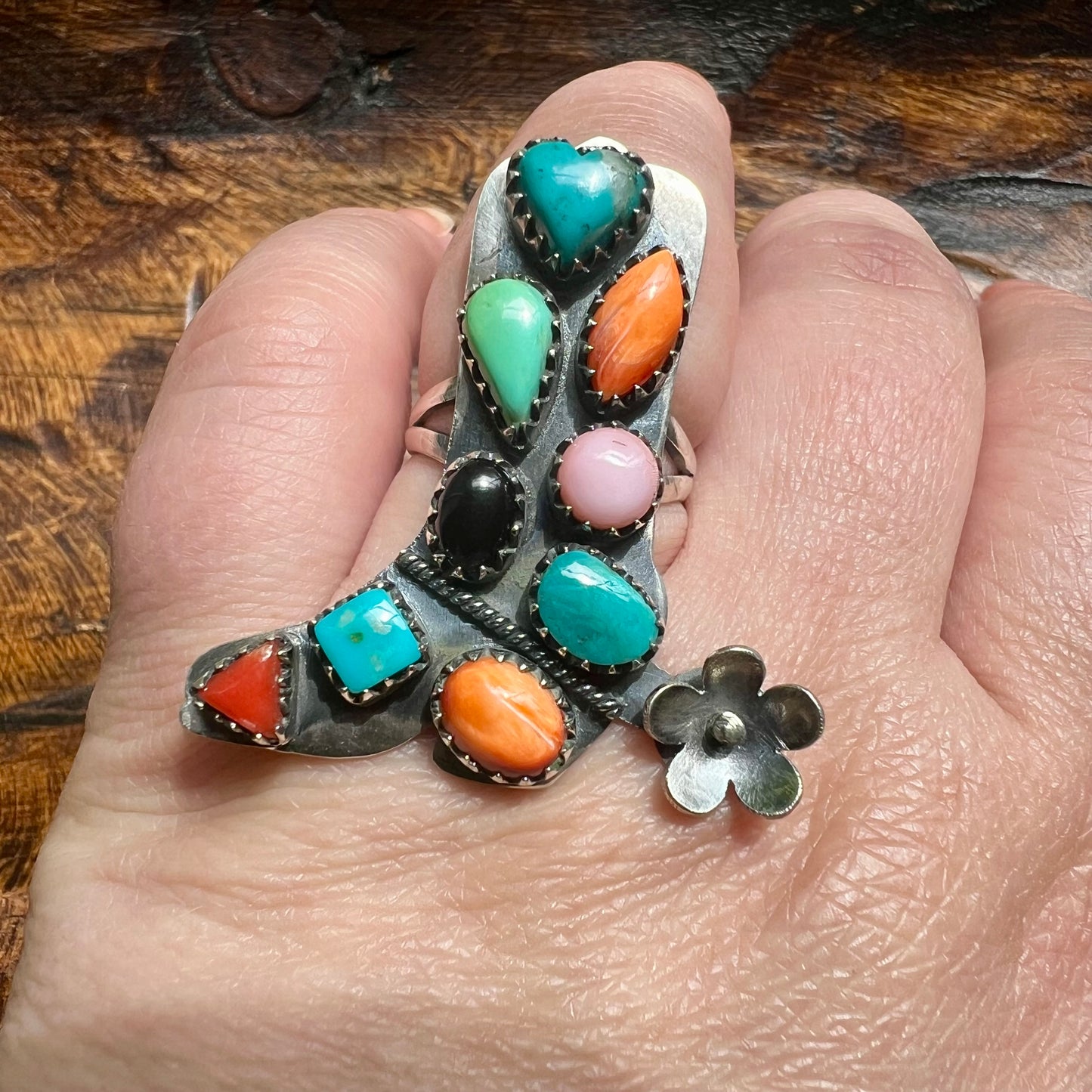 Sterling Silver Multi-Stone Cowboy Boot Ring with Spinning Spur – Size 8