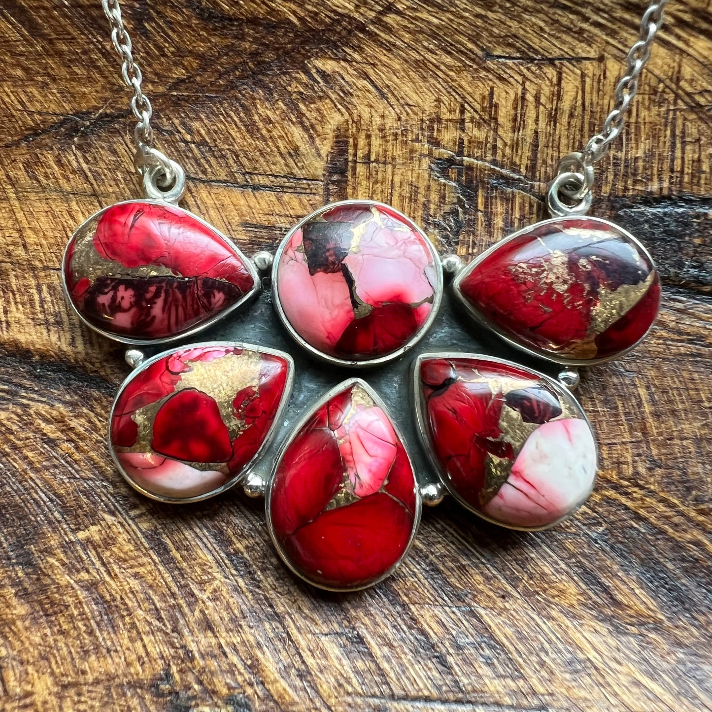 Sterling Silver Red Dahlia Statement Cluster Pendant Necklace