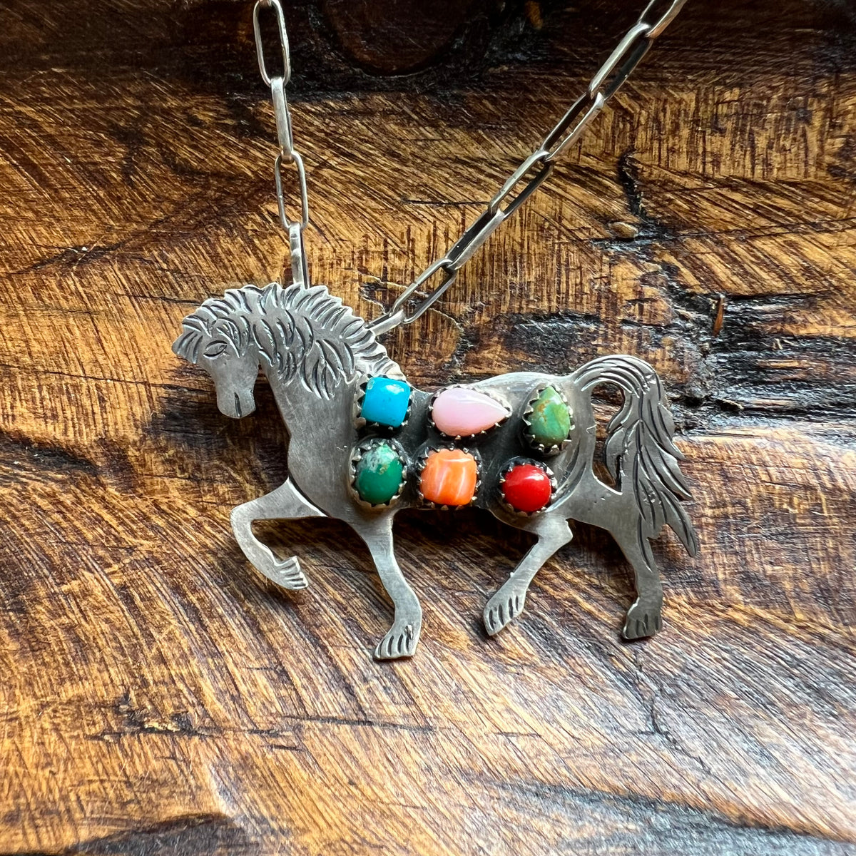 Sterling Silver Multi-Stone Horse Pendant – Kingman Turquoise, Queen Conch, Spiny Oyster & Italian Red Coral