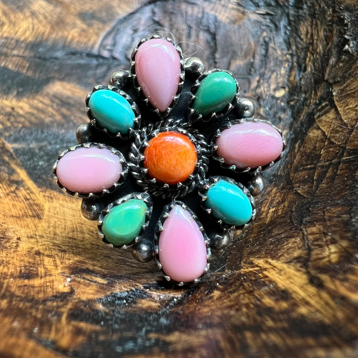 Sterling Silver Kingman Turquoise, Spiny Oyster & Queen Conch Cluster Ring – Size 10 Adjustable
