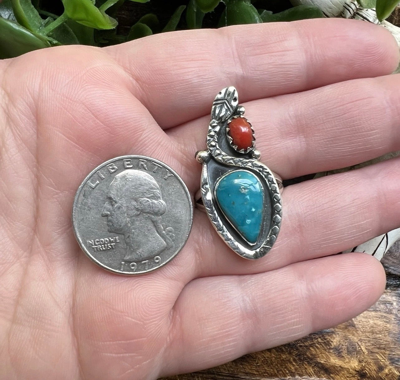 Kingman Turquoise & Italian Red Coral Snake Ring